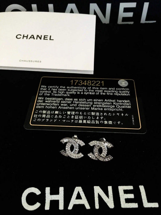 Authentic Chanel stud earrings 925 sterling silver with imported white zircon baguette stones luxury jewelry
