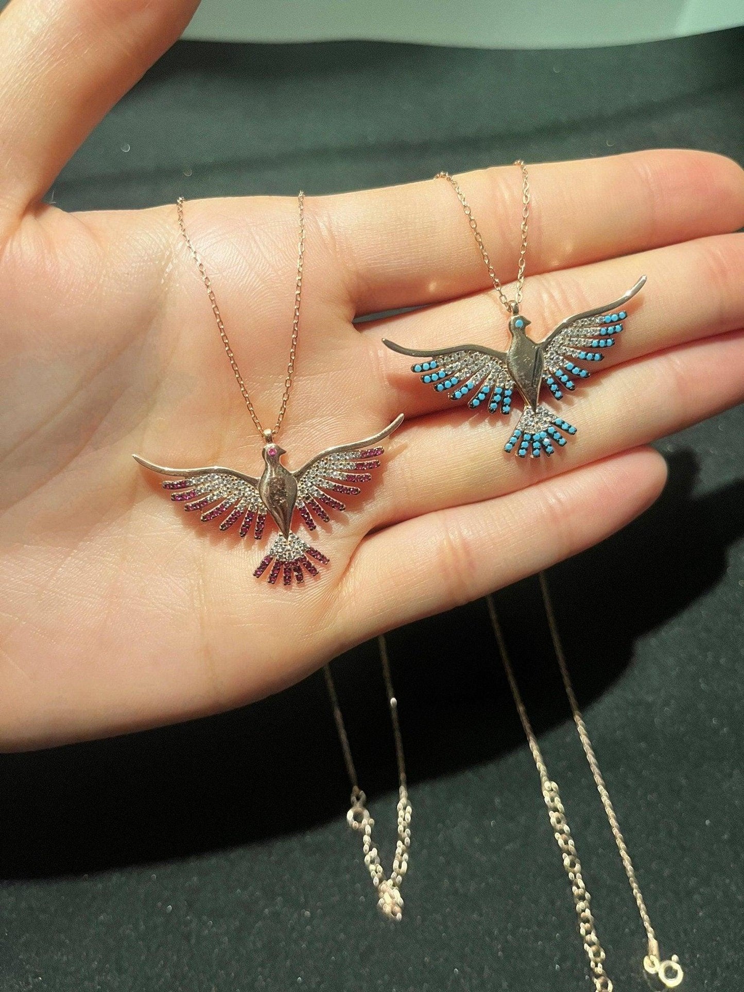 925 Sterling Silver Phoenix Necklace | Blue White Colorfull Phoenix | Blue Silver Phoenix Necklace | Phoenix Good News|Turqouıse Phoenix - Tracesilver