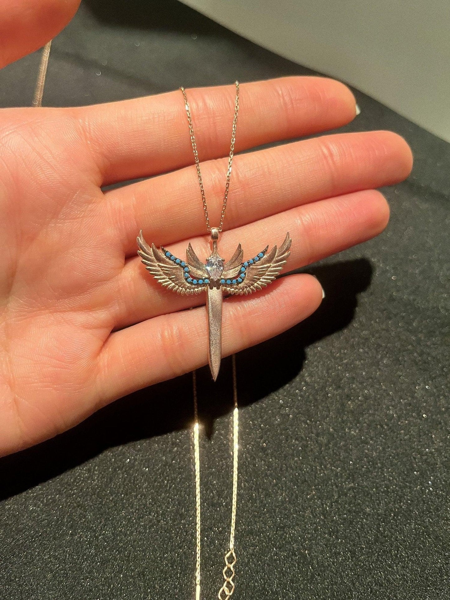 925 Sterling Silver Sword of Michael Rose Gold With Turquoise Stone Necklace | Michael's Sword Rose Gold Necklace | 925 Silver Turquoise - Tracesilver
