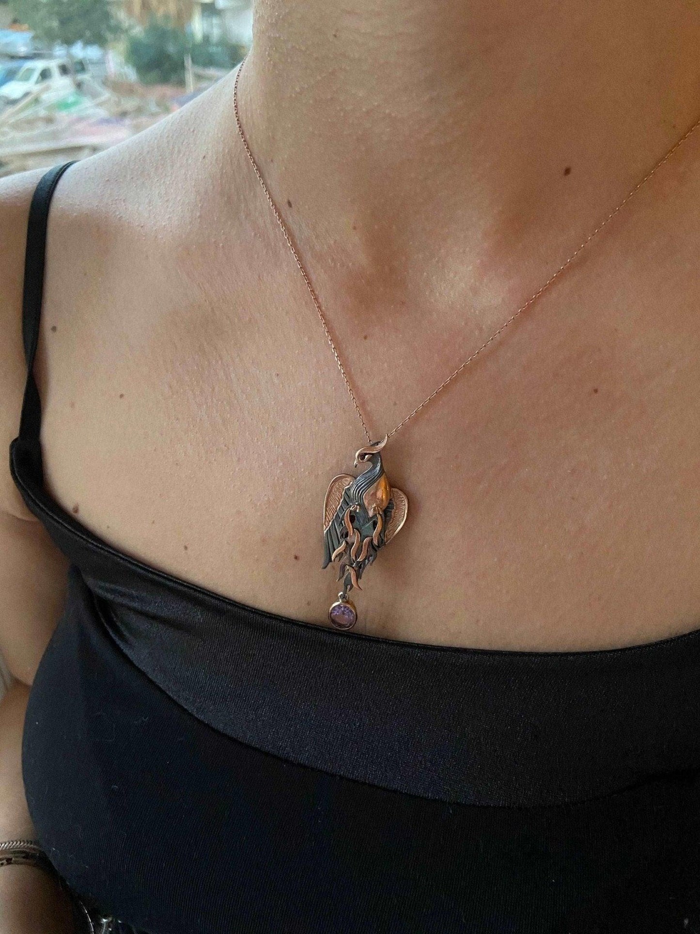 Amethyst Stone Fire Bird Pendant, Custom Desing Phoenix 925 Sterling Silver Necklace, Handmade Phoenix, Bird Jewerly Necklace,Animal Pendant - Tracesilver