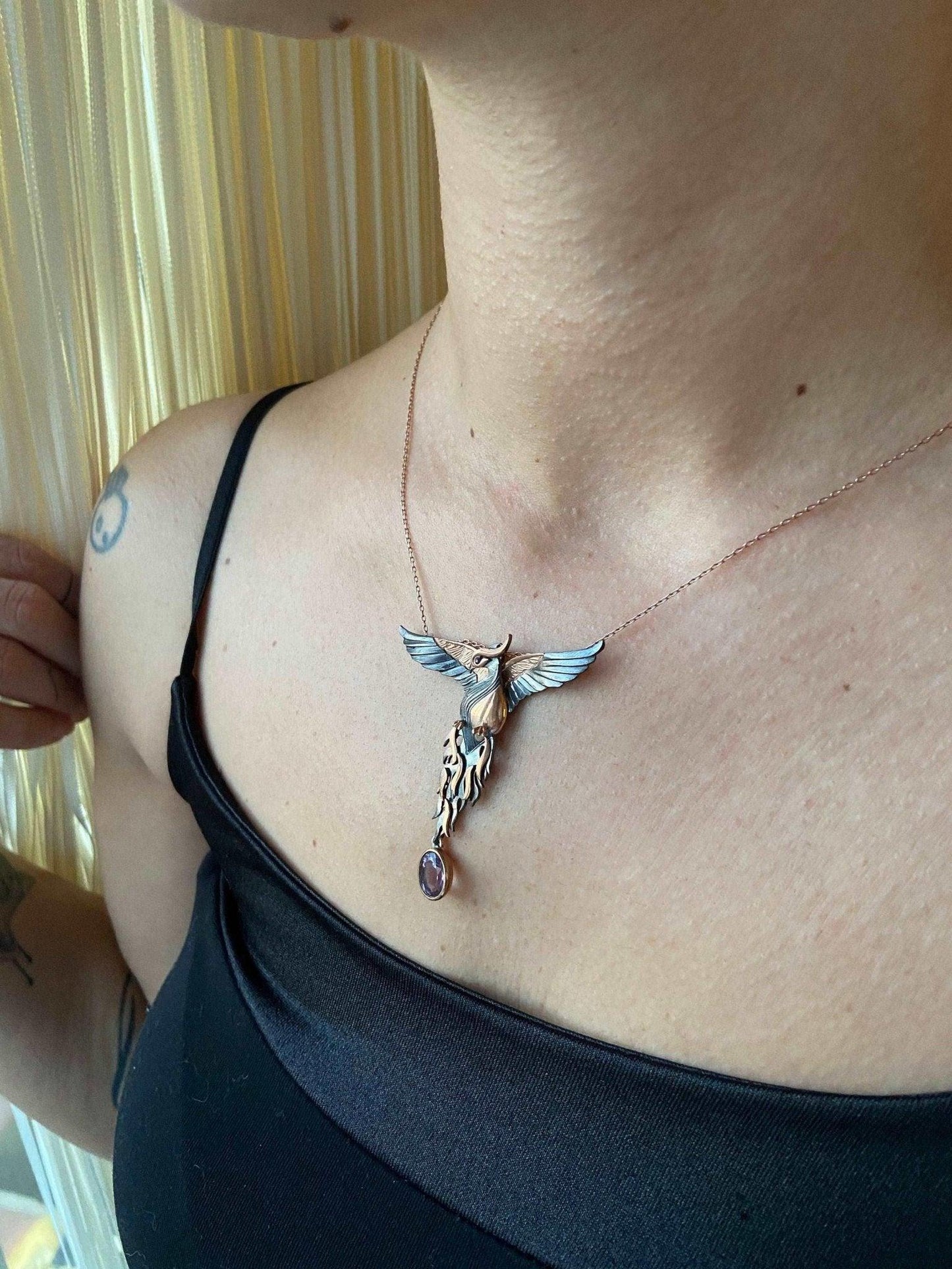 Amethyst Stone Fire Bird Pendant, Custom Desing Phoenix 925 Sterling Silver Necklace, Handmade Phoenix, Bird Jewerly Necklace,Animal Pendant - Tracesilver