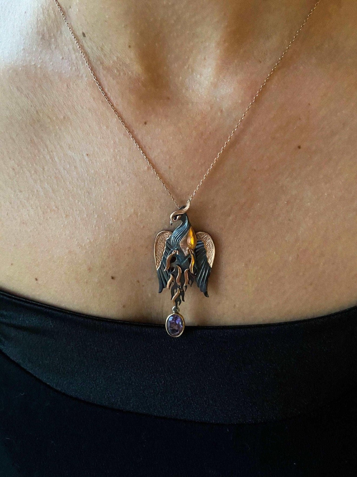 Amethyst Stone Fire Bird Pendant, Custom Desing Phoenix 925 Sterling Silver Necklace, Handmade Phoenix, Bird Jewerly Necklace,Animal Pendant - Tracesilver