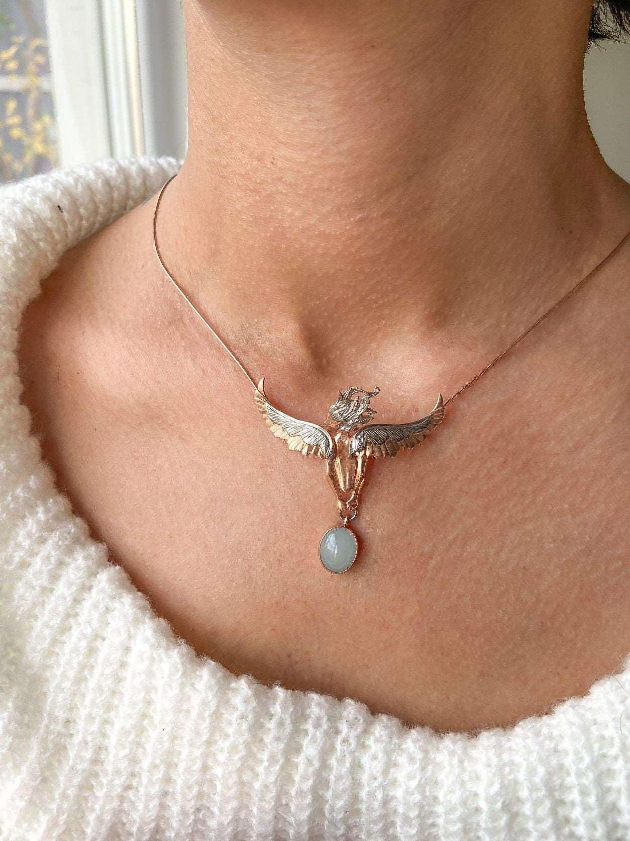 Angel Moonstone Necklace, 925 Sterling Silver Angel Design Handmade Jewellery with Genuine Moonstone Pendant, Special Gift for Mom - Tracesilver