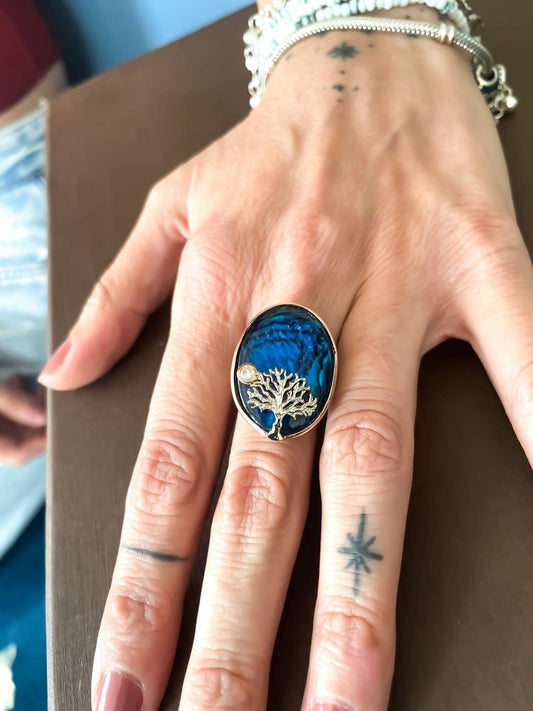 Blue Abalone Stone Tree Of Life Silver Ring, 925 Sterling Silver Life Abalone Stone Tree of Life 925 sterling silver ring, decorated with abalone shell stone and produced by our masters. Inspired by the Tree of Life theme, we combine iBlue Abalone Stone