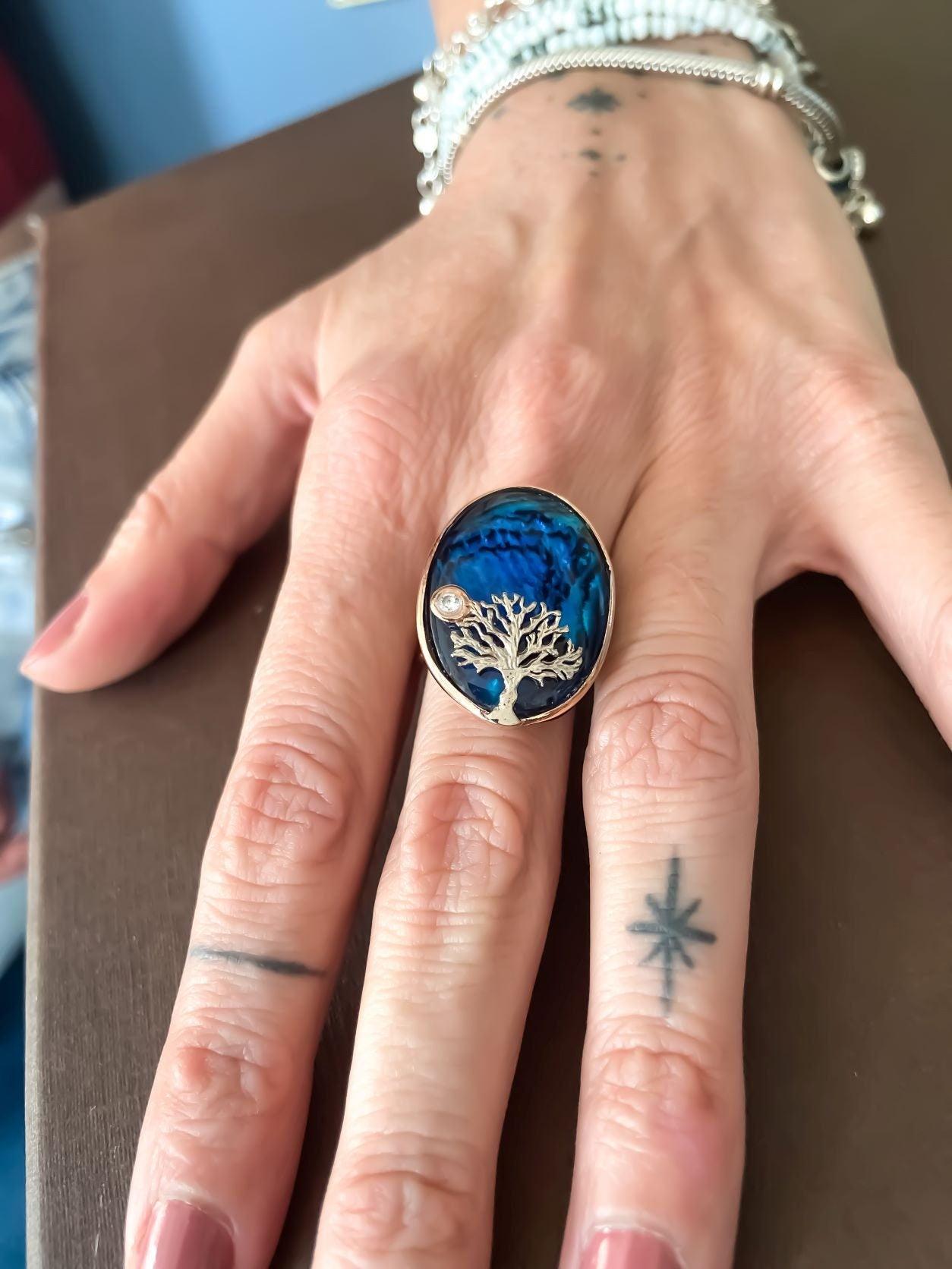 Blue Abalone Stone Tree Of Life Silver Ring, 925 Sterling Silver Life Tree Designer Jewelry Ring, Custom Design Handmade Tree Of Life - Tracesilver