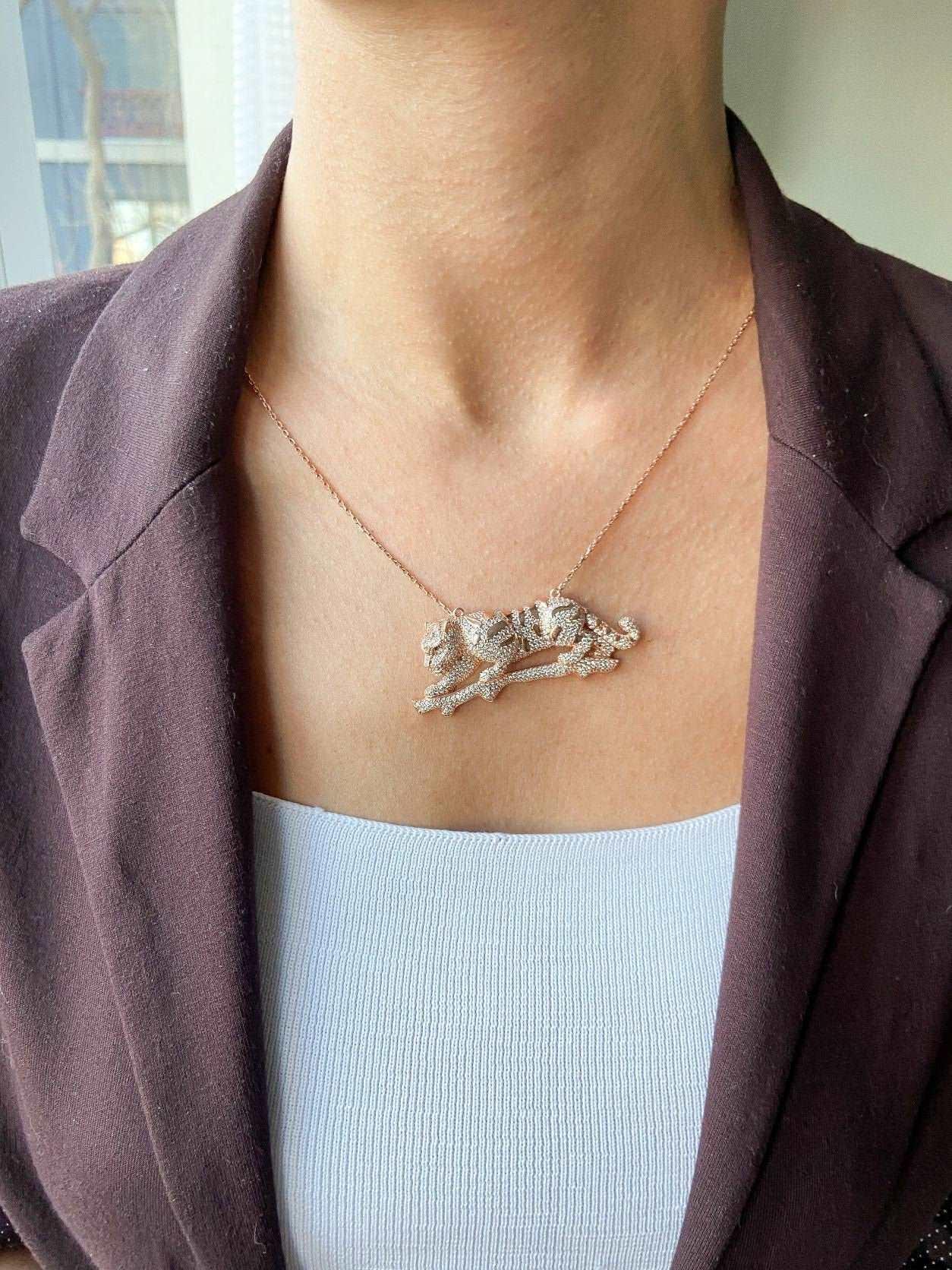 Champagne Color Leopard Custom Desing Necklace, Handmade Nacre Working Jewelry Leopard Pendant For Her - Tracesilver