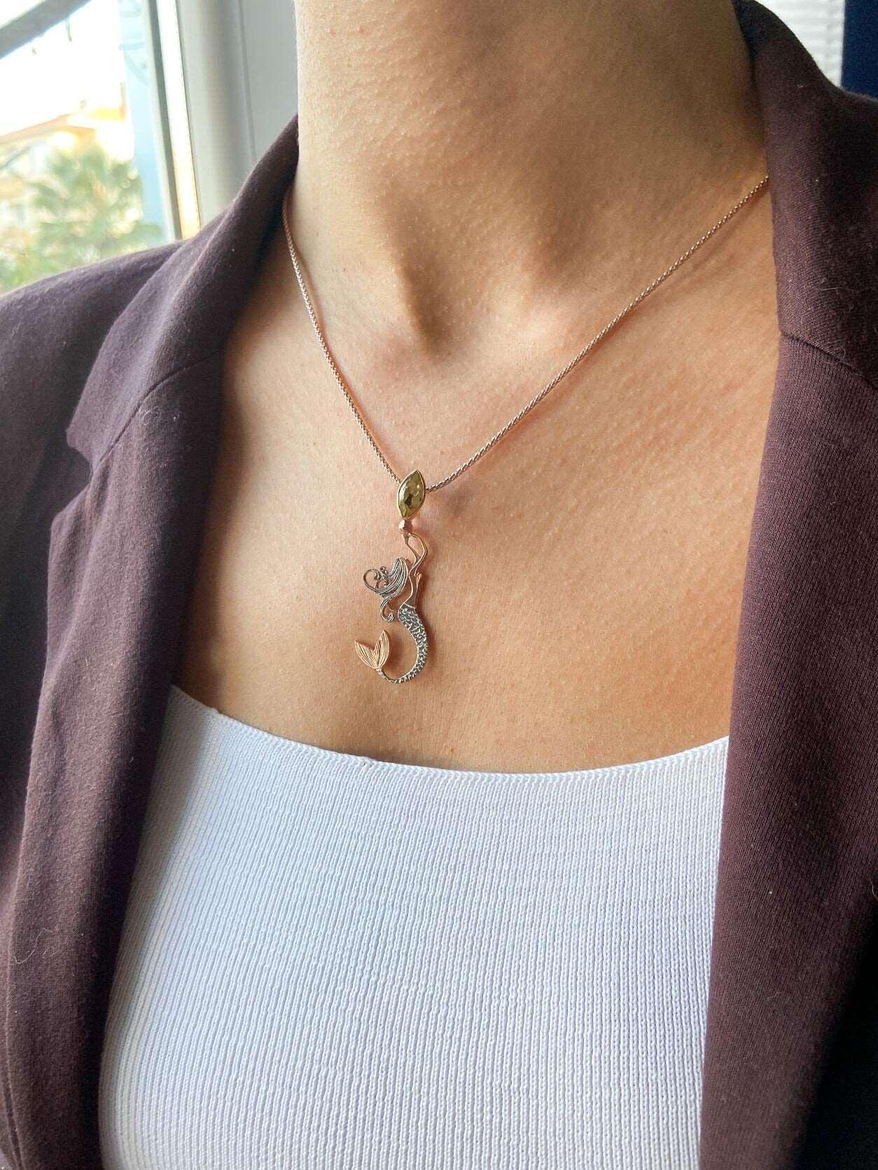 Citrine Stone Mermaid Jewelry Natural Citrine Stone Necklace For Women, Custom Design Handmade Mermaid Pendant For Her - Tracesilver