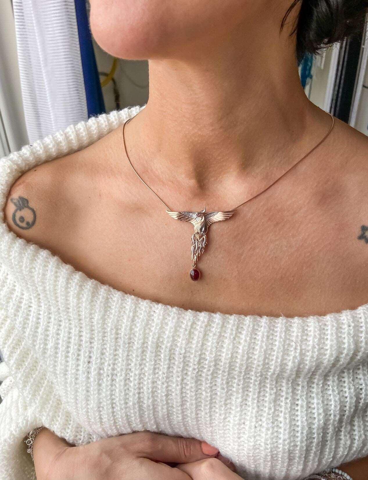 Garnet Stone Handmade Phoenix Root Ruby Eye Silver Necklace, Garnet Gemstone Firebird Custom Pendant, Dual-use Flapping Wings Pendant - Tracesilver