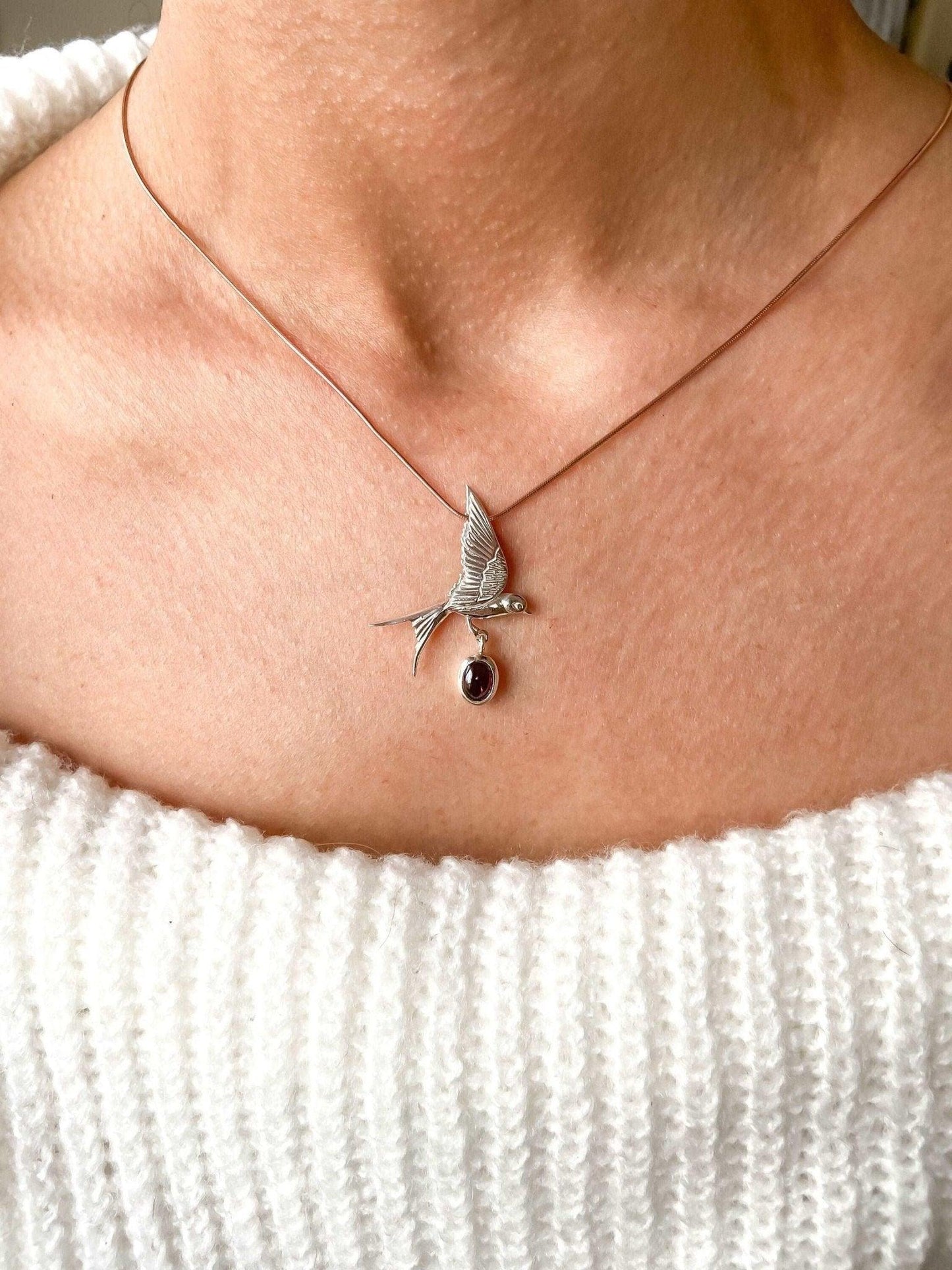 Garnet Stone Sparrow Necklace, 925 Sterling Silver Handmade Sparrow Jewelry Pendant, Silver Sparrow Garnet Gemstone Bird Necklace - Tracesilver