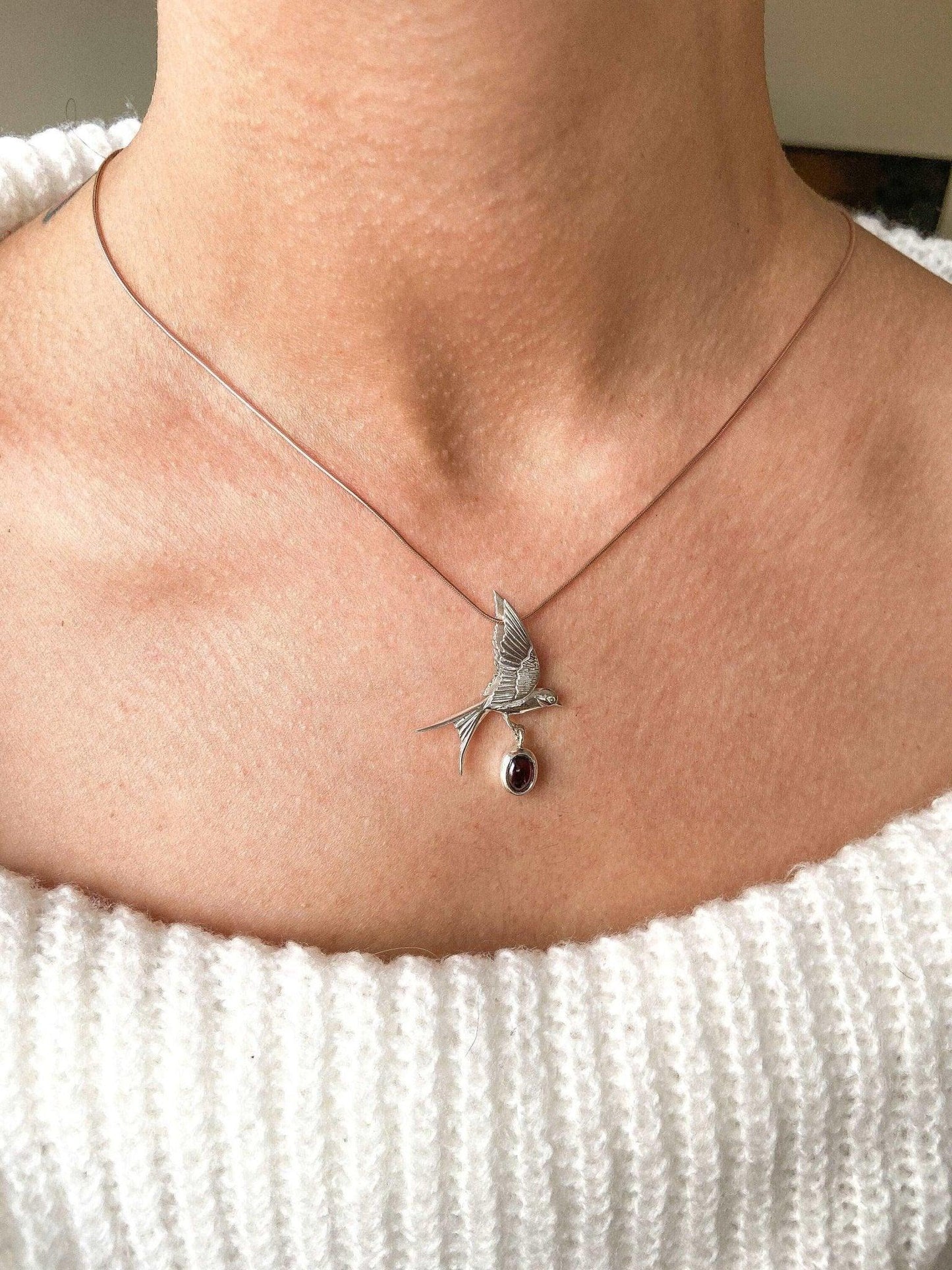 Garnet Stone Sparrow Necklace, 925 Sterling Silver Handmade Sparrow Jewelry Pendant, Silver Sparrow Garnet Gemstone Bird Necklace - Tracesilver