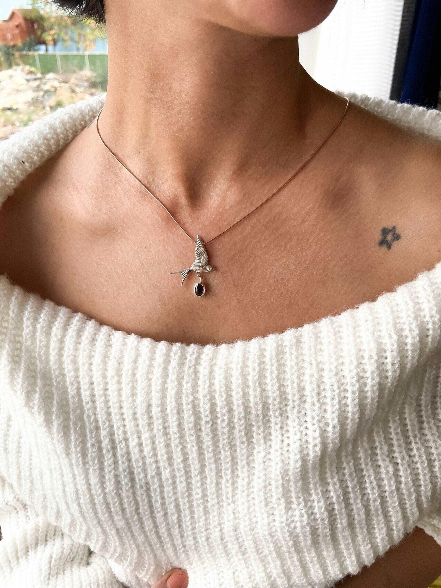 Garnet Stone Sparrow Necklace, 925 Sterling Silver Handmade Sparrow Jewelry Pendant, Silver Sparrow Garnet Gemstone Bird Necklace - Tracesilver