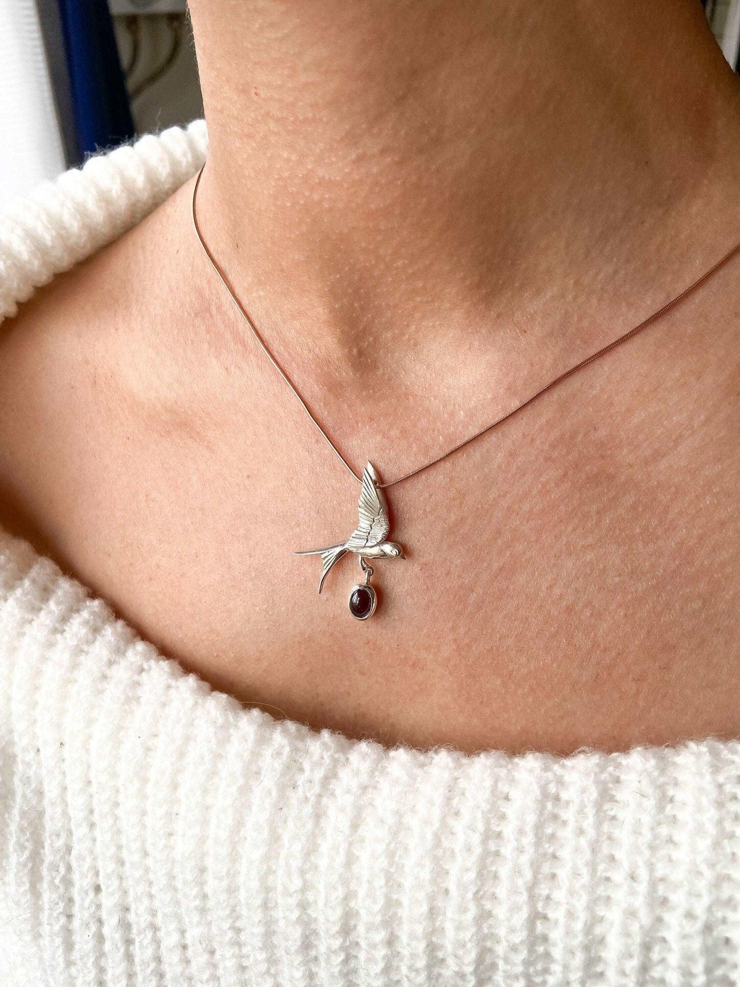 Garnet Stone Sparrow Necklace, 925 Sterling Silver Handmade Sparrow Jewelry Pendant, Silver Sparrow Garnet Gemstone Bird Necklace - Tracesilver