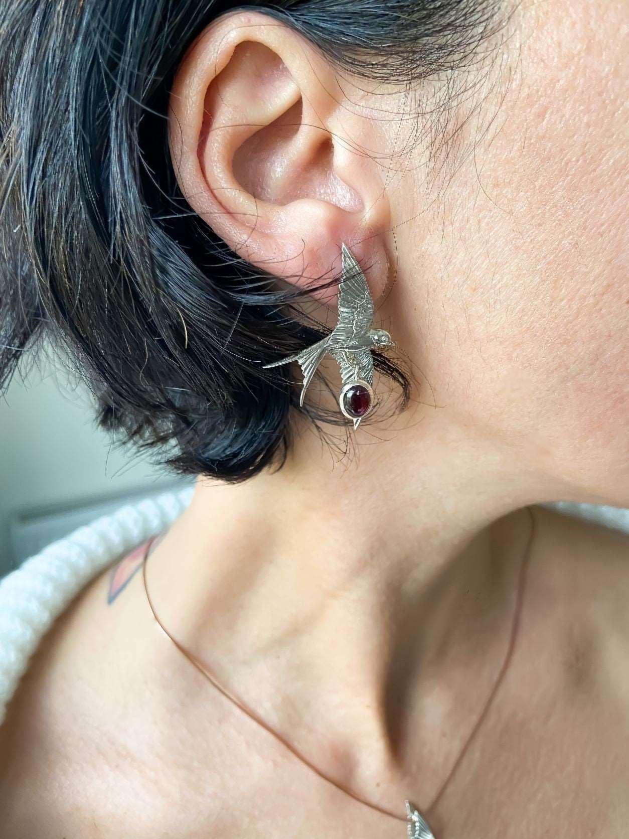Garnet Stone Sparrow Silver Stud Earrings, Handmade Sparrow 925 Sterling Silver Garnet Earrings, Garnet Jewelry Bird Earrings - Tracesilver