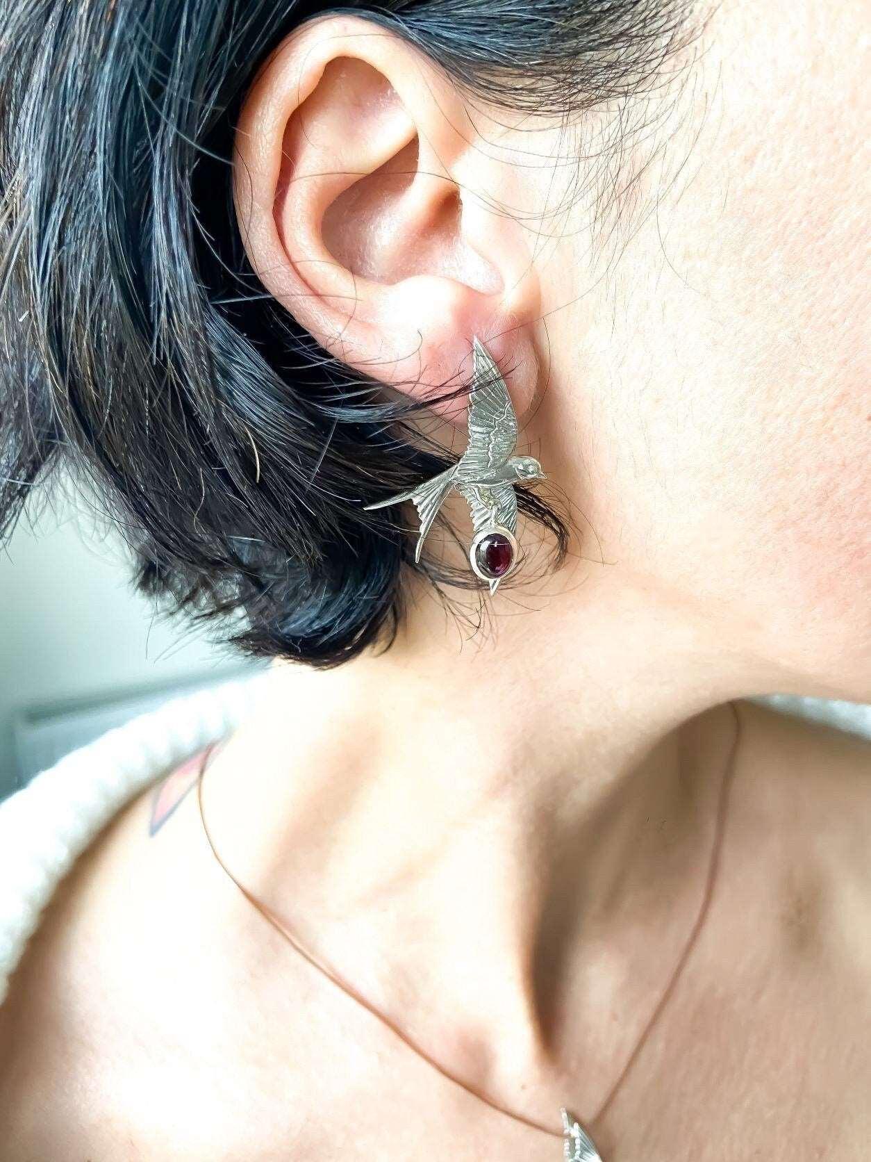 Garnet Stone Sparrow Silver Stud Earrings, Handmade Sparrow 925 Sterling Silver Garnet Earrings, Garnet Jewelry Bird Earrings - Tracesilver