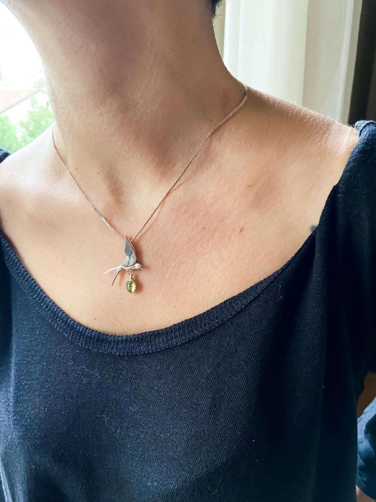 Handmade Peridot Swallow Bird Necklace, 925 Sterling Silver Swallow Pendant, Flapping Wings Pendant, Bird Jewellery, Custom Animal Necklace - Tracesilver