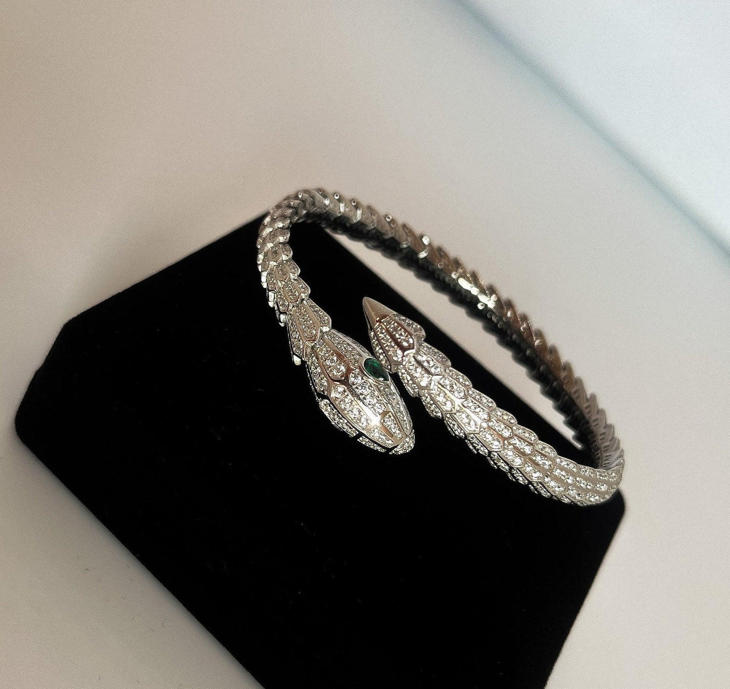925 Sterling Silver Full Zircon Stone Green Ruby Eyes Snake Bracelet, - Tracesilver