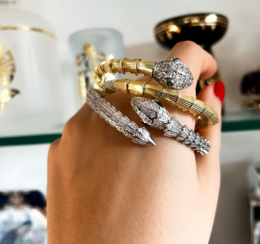 925 Sterling Silver Full Zircon Stone Green Ruby Eyes Snake Bracelet, - Tracesilver