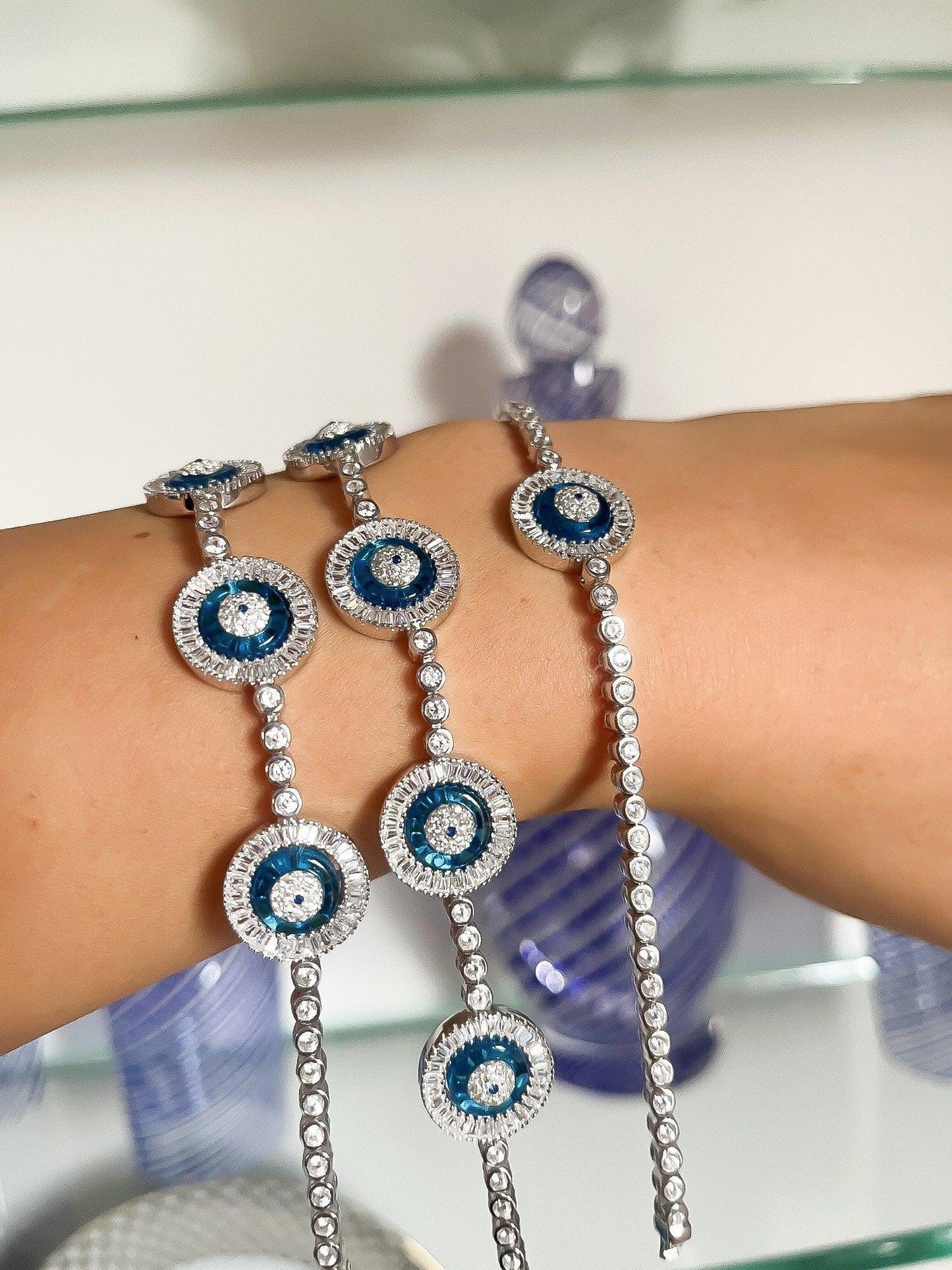 925 Sterling Silver High Quality Evil Eye Round Tennis Beaded Bracelet Women - Tracesilver