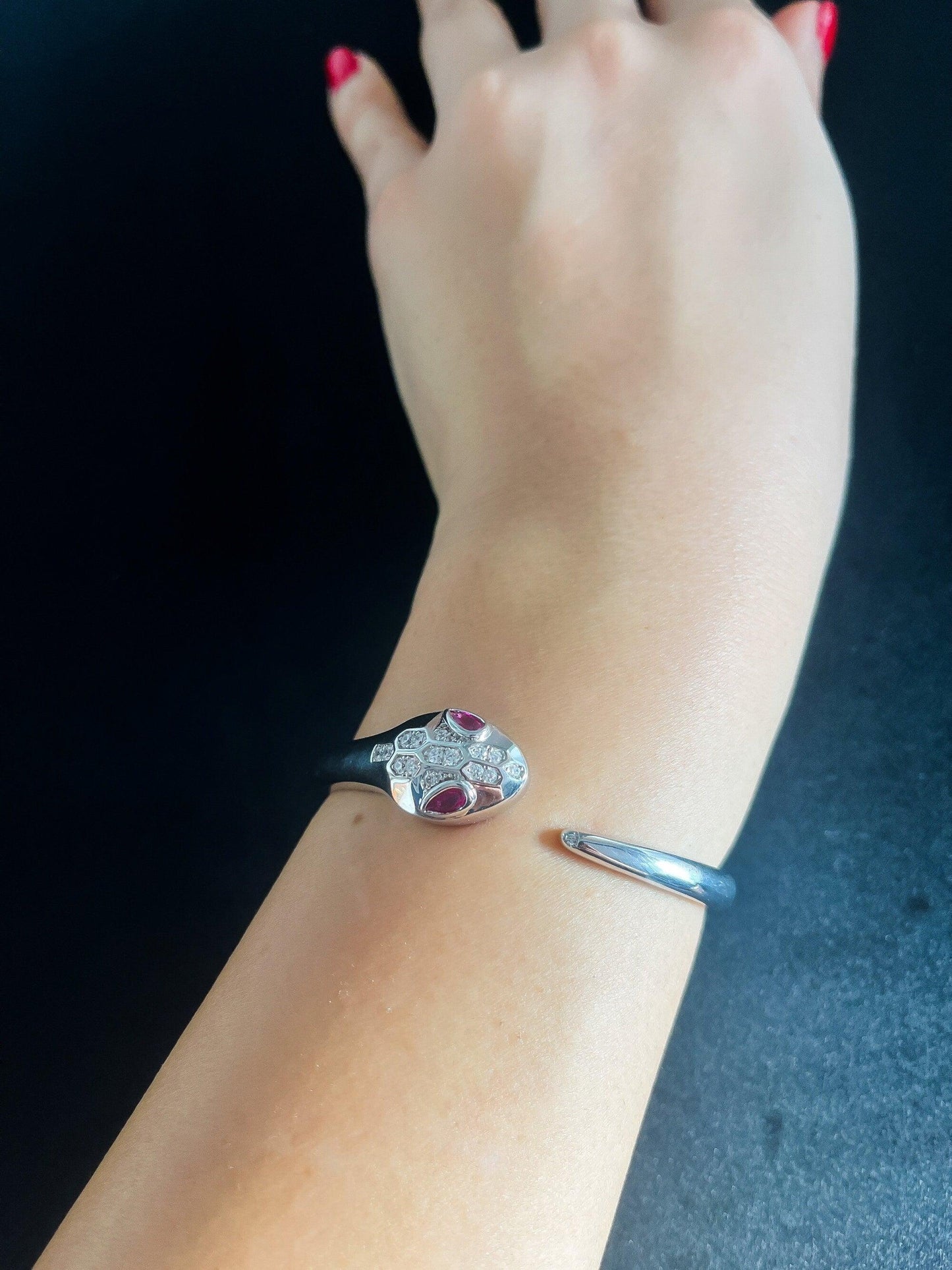 Snake Bracelet 925 Sterling Silver First Quality Zircon Stone Ruby Eyes Snake Luxury Bracelet Jewelry For Women - Tracesilver