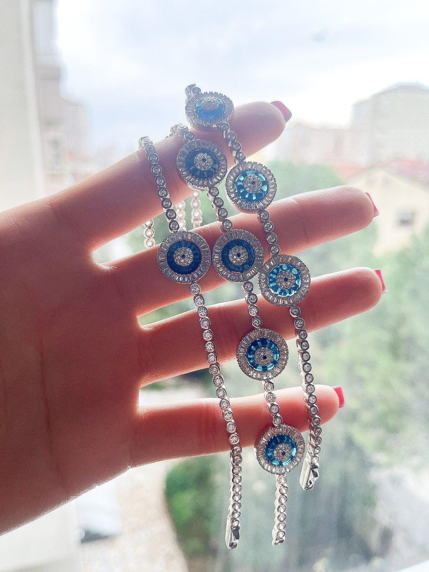 925 Sterling Silver High Quality Evil Eye Round Tennis Beaded Bracelet Women - Tracesilver