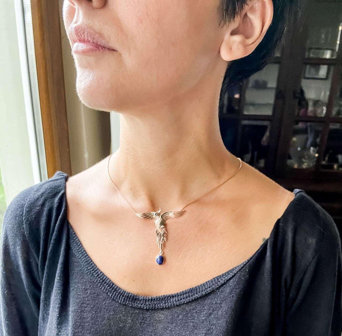 Lapis Lazuli Phoenix Strength Necklace, Sapphire Stone Eye Firebird Pendant, Custom Desing Animal Jewerly, Bird Pendant - Tracesilver