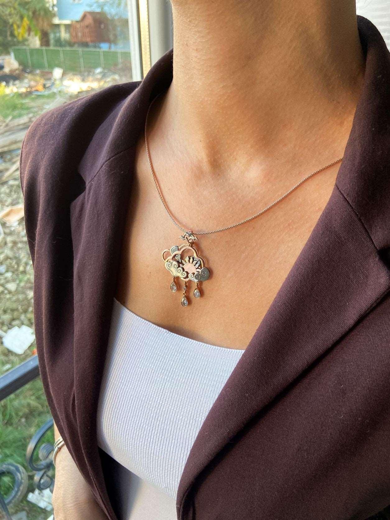 Layered Sun Pendant, Moving 925 Sterling Silver Necklace, Sun and Clouds Design Pendant , Nature Theme Jewellery Necklace For Women - Tracesilver