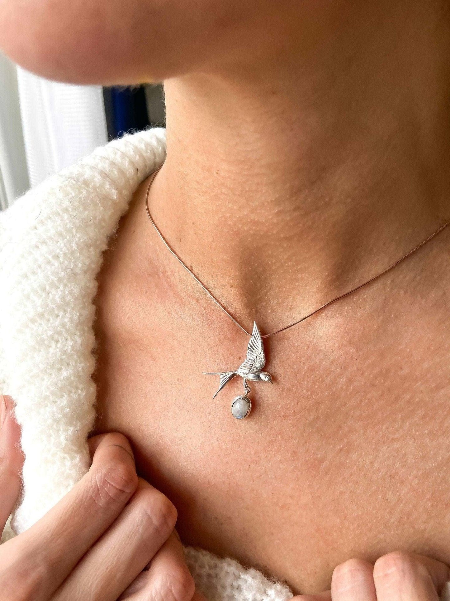 Moonstone Silver Sparrow Necklace, 925 Sterling Silver Handmade Sparrow Jewelry Pendant, Silver Sparrow MoonGemstone Bird Necklace - Tracesilver