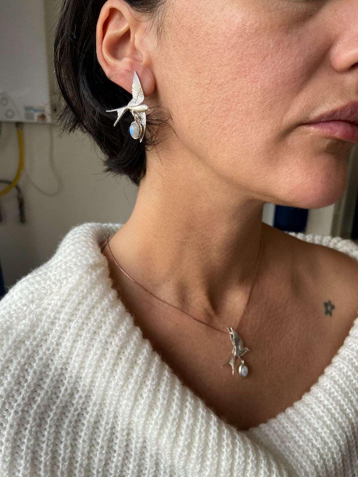 Moonstone Silver Sparrow Necklace, 925 Sterling Silver Handmade Sparrow Jewelry Pendant, Silver Sparrow MoonGemstone Bird Necklace - Tracesilver