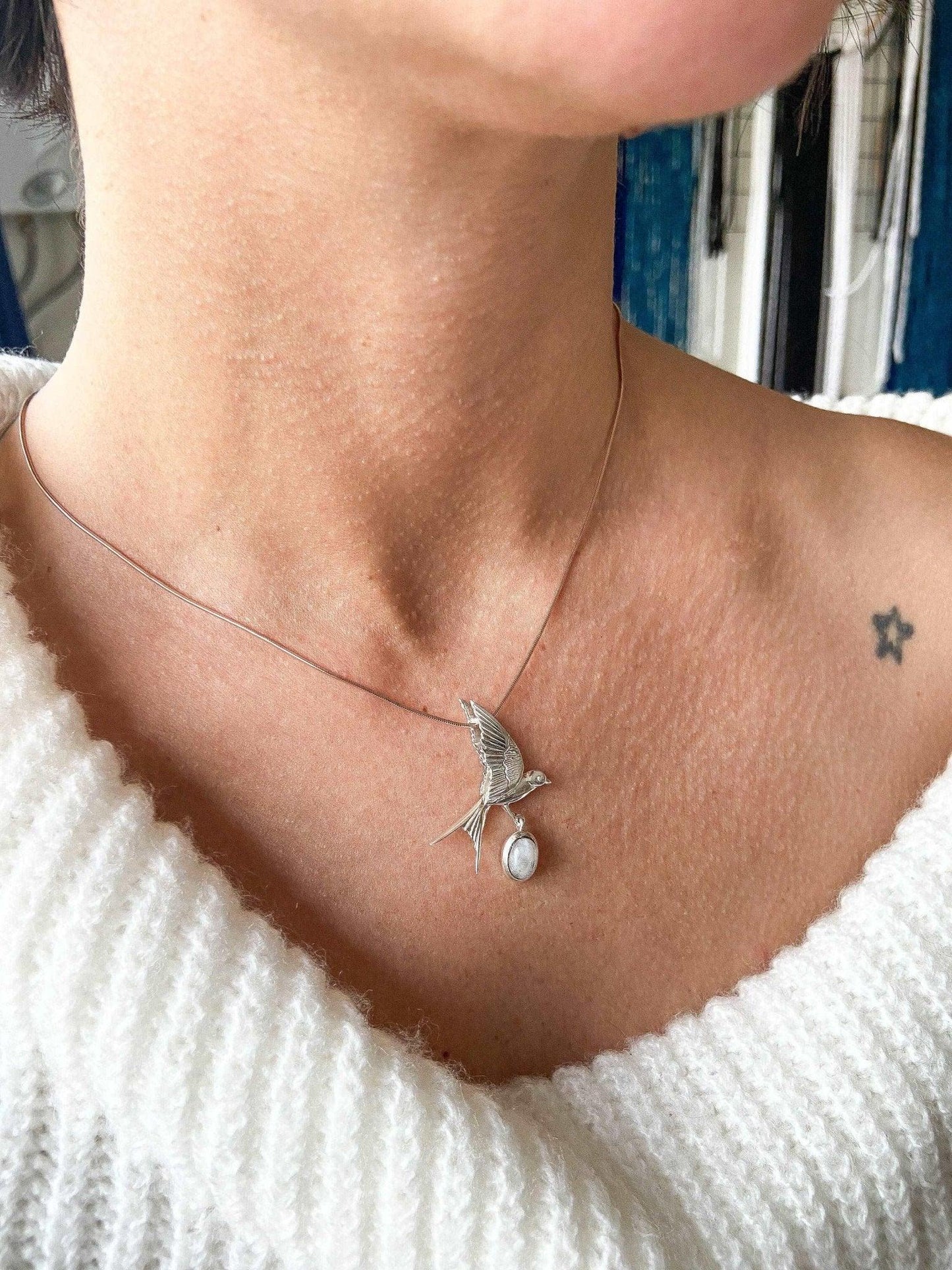 Moonstone Silver Sparrow Necklace, 925 Sterling Silver Handmade Sparrow Jewelry Pendant, Silver Sparrow MoonGemstone Bird Necklace - Tracesilver