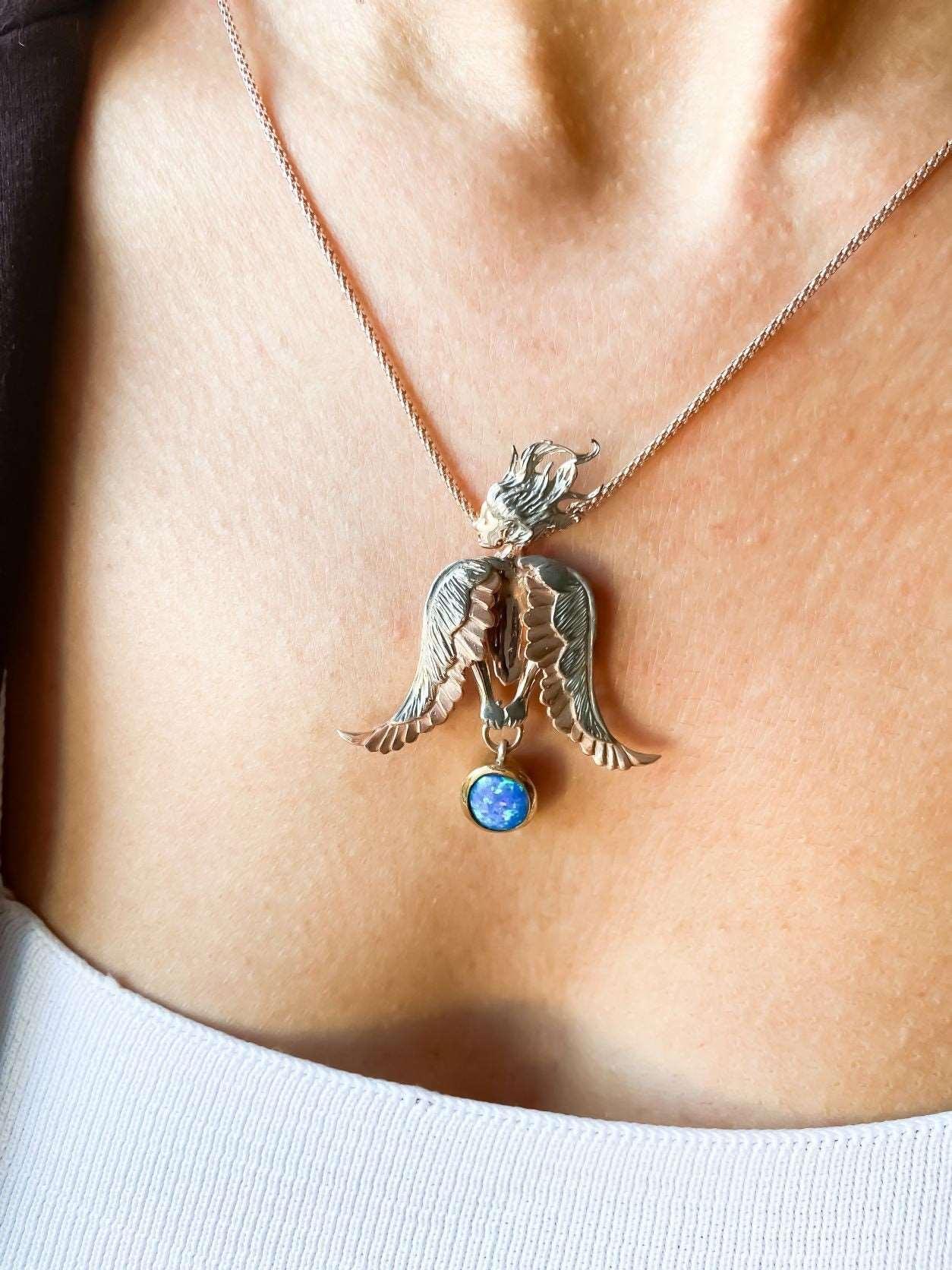 Opal Stone Angel Necklace For Women, Custom Design Women Angel Opal 925 Sterling Silver Pendant For Her - Tracesilver