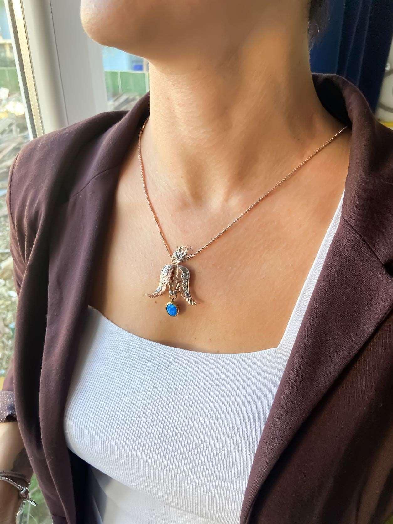 Opal Stone Angel Necklace For Women, Custom Design Women Angel Opal 925 Sterling Silver Pendant For Her - Tracesilver