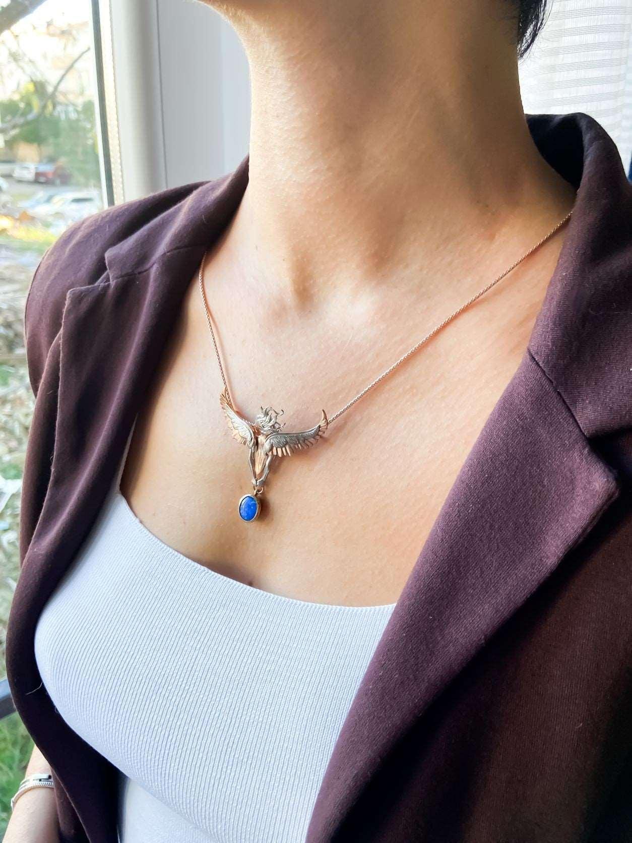 Opal Stone Angel Necklace For Women, Custom Design Women Angel Opal 925 Sterling Silver Pendant For Her - Tracesilver