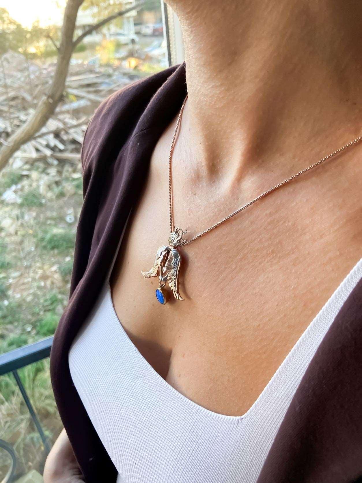 Opal Stone Angel Necklace For Women, Custom Design Women Angel Opal 925 Sterling Silver Pendant For Her - Tracesilver