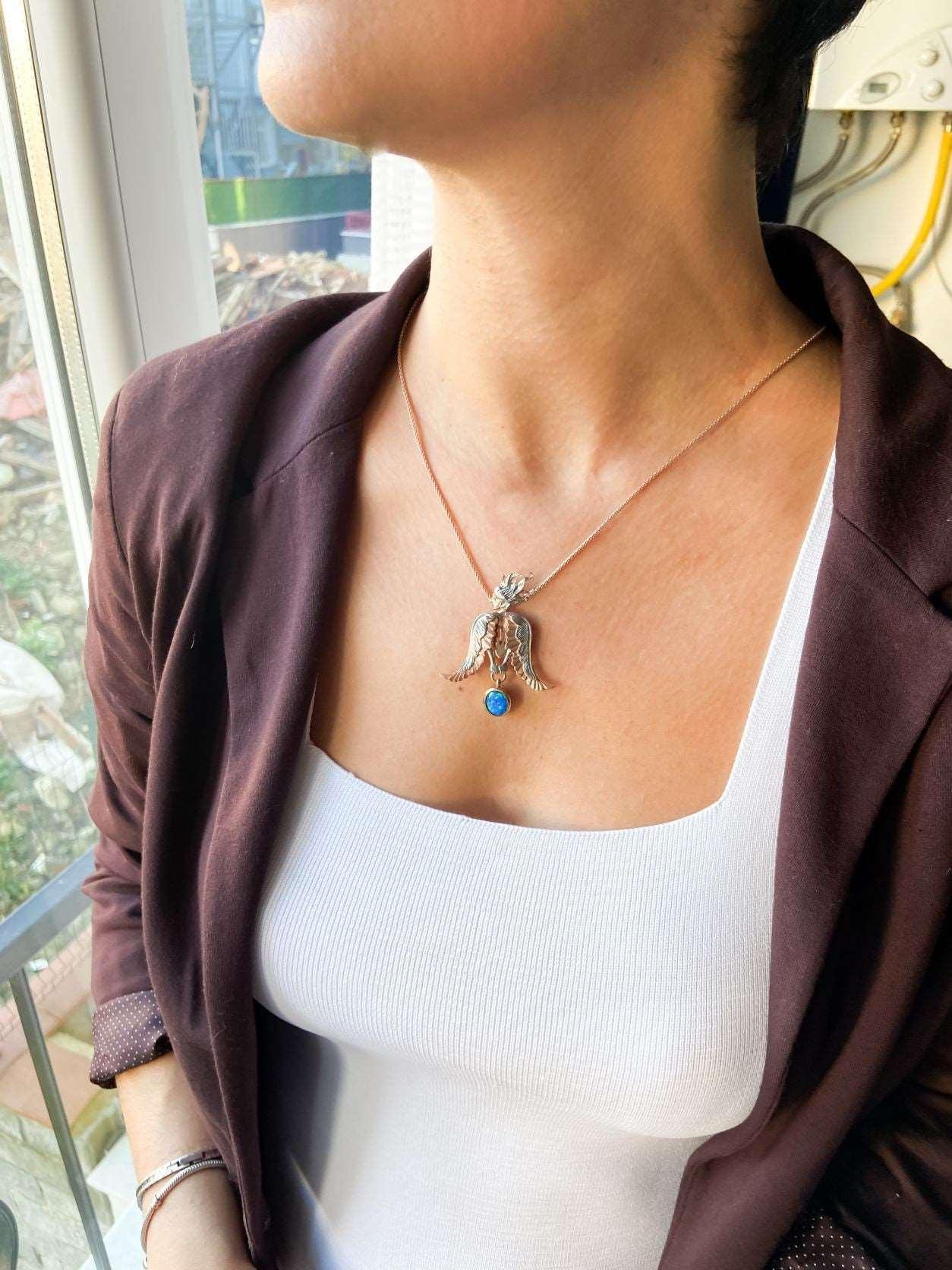 Opal Stone Angel Necklace For Women, Custom Design Women Angel Opal 925 Sterling Silver Pendant For Her - Tracesilver
