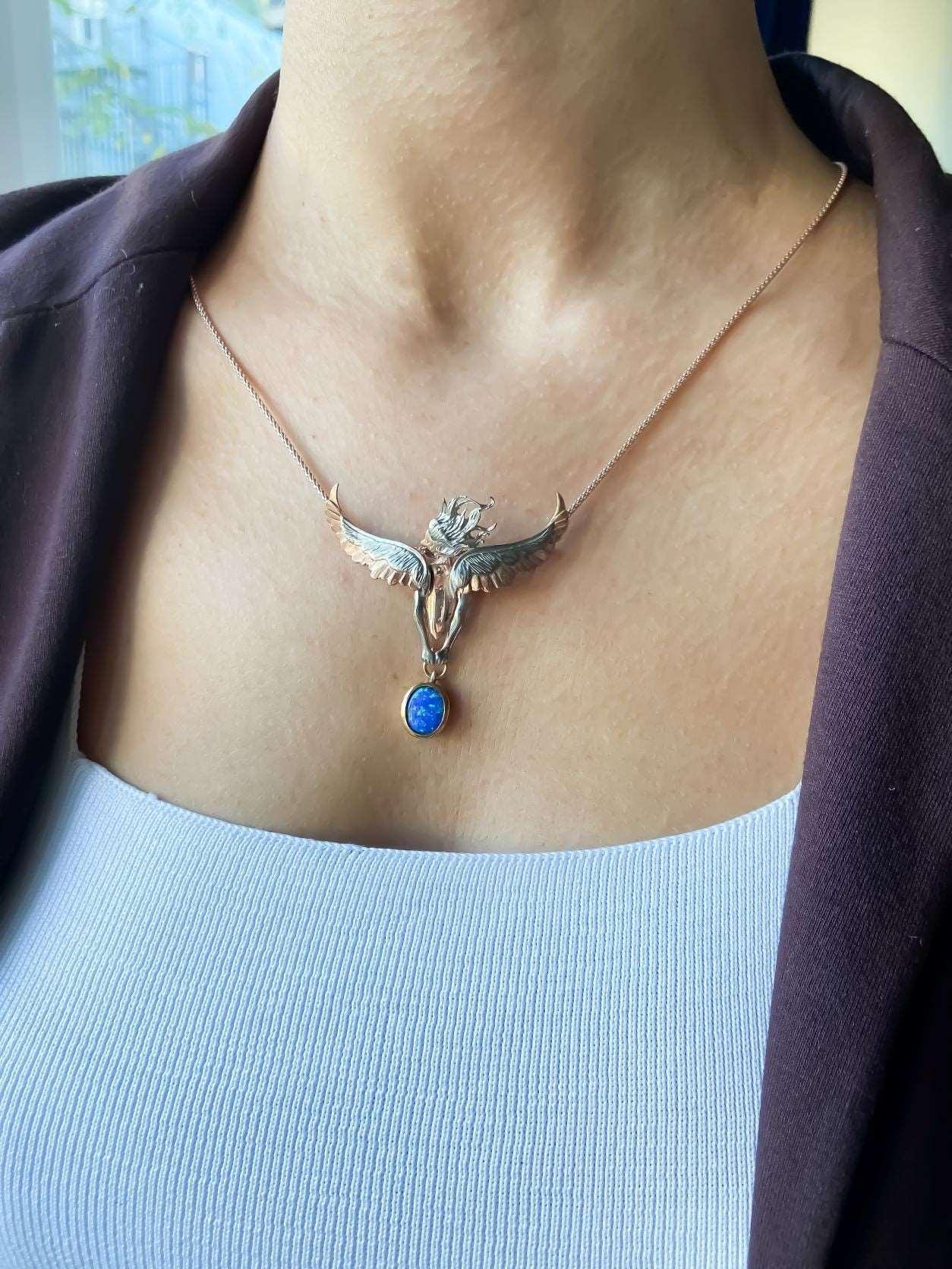 Opal Stone Angel Necklace For Women, Custom Design Women Angel Opal 925 Sterling Silver Pendant For Her - Tracesilver