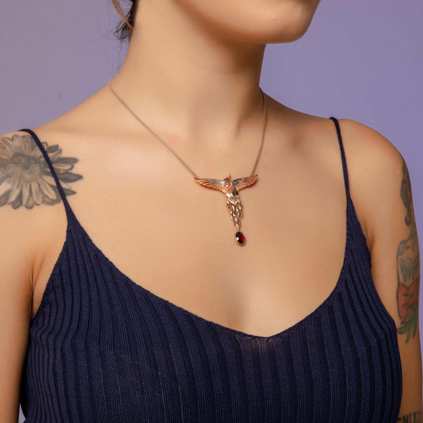 Phoenix Strength Root Ruby Pendant, Firebird Handmade 925 Sterling Silver Phoenix Necklace, Custom Desing Animal Jewerly, Root Ruby GemStone - Tracesilver