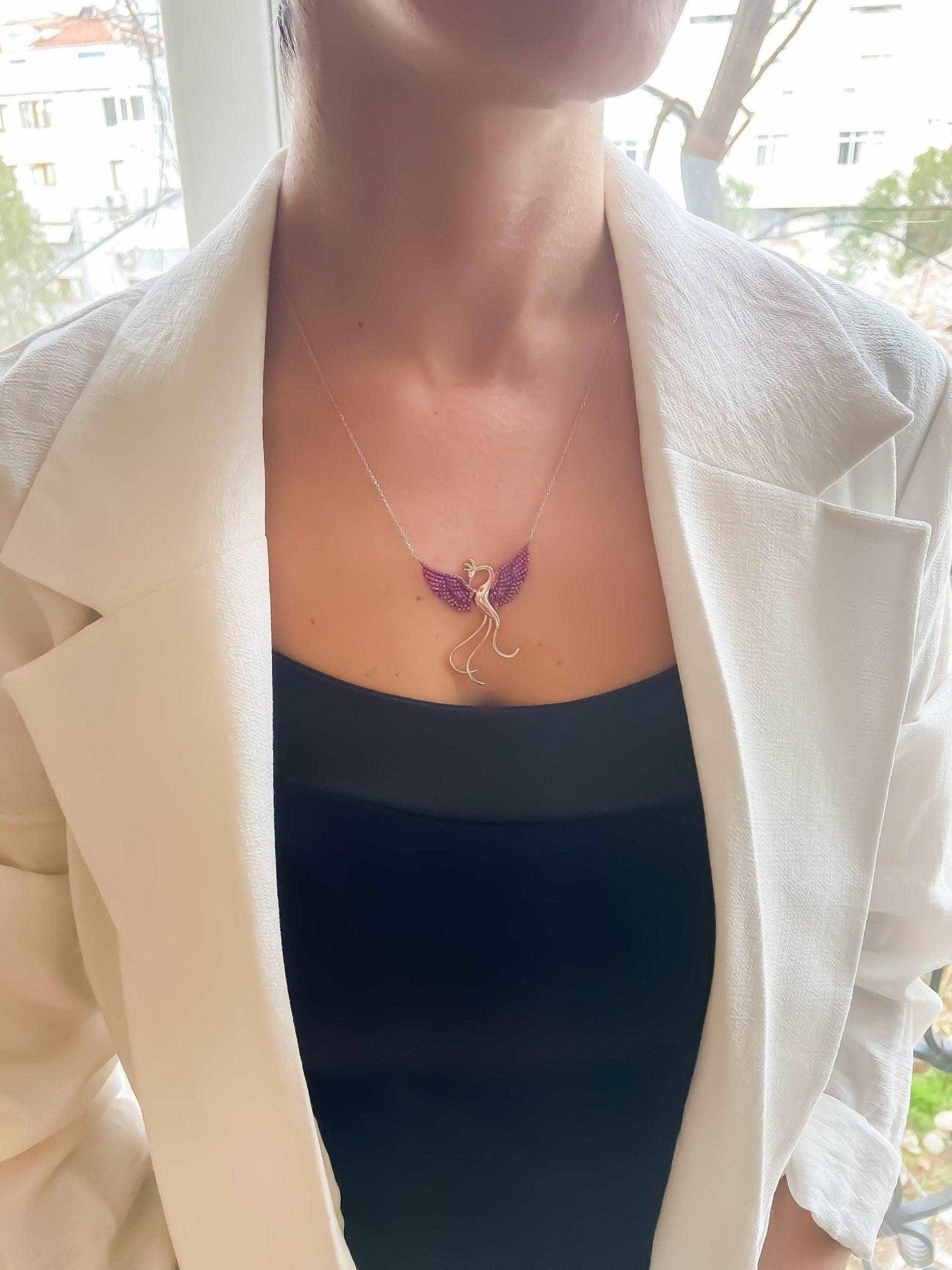 Red Phoenix Handmade Necklace, Bird Jewelry Rose Gold Firebird Pendant, Purple Phoenix Necklace,Birthday Gift For Her - Tracesilver