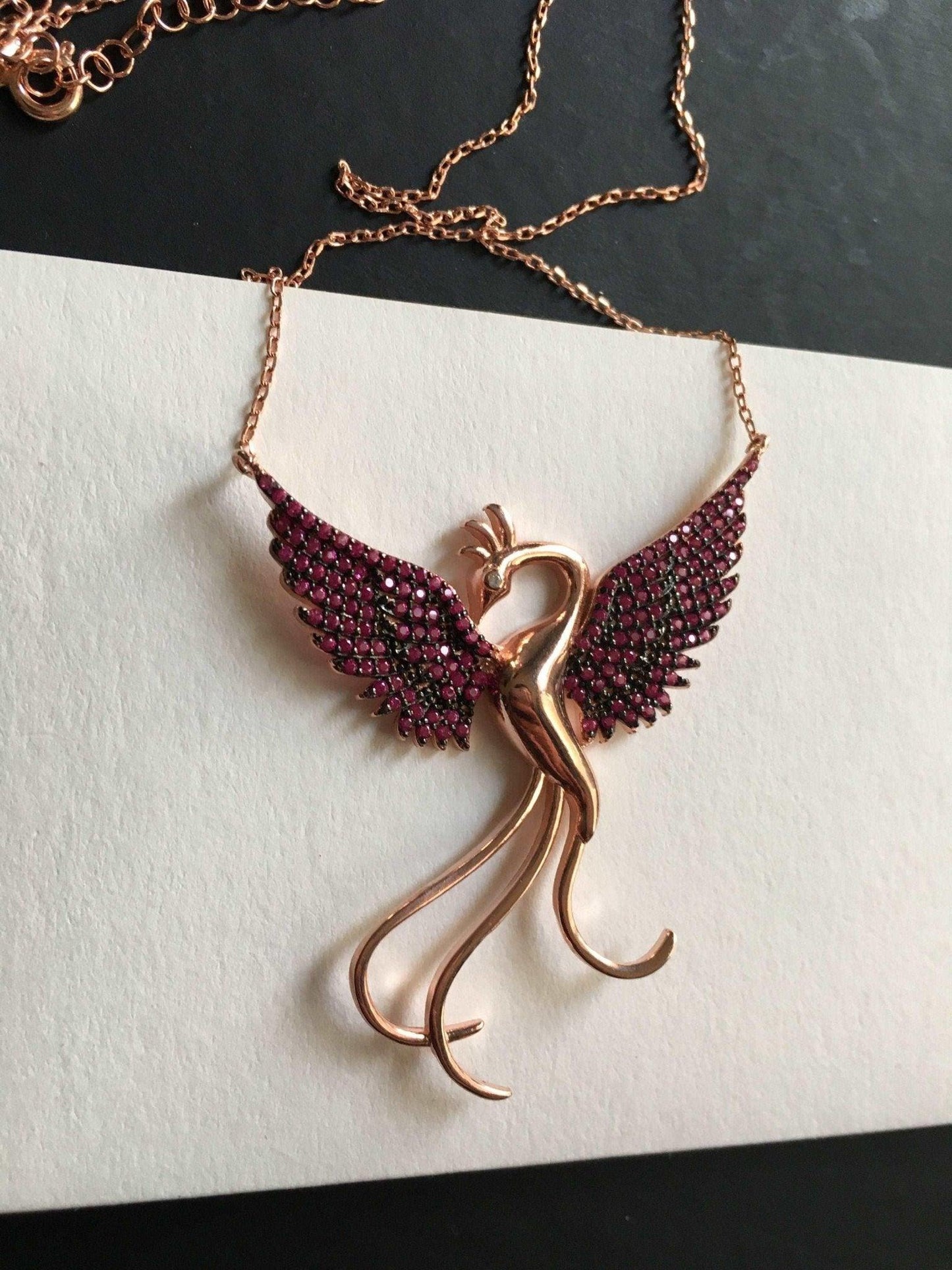 Red Phoenix Handmade Necklace, Bird Jewelry Rose Gold Firebird Pendant, Purple Phoenix Necklace,Birthday Gift For Her - Tracesilver