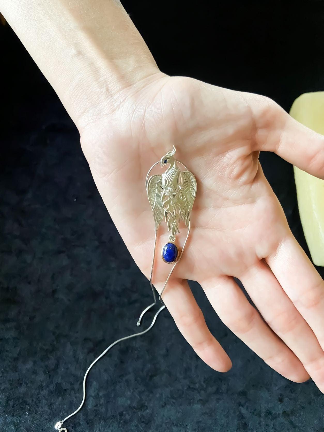 Silver Lapis Lazuli Phoenix Strength Necklace, Sapphire Stone or Root Ruby Eyes Handmade Firebird Pendant, Custom Design Phoenix Necklace - Tracesilver