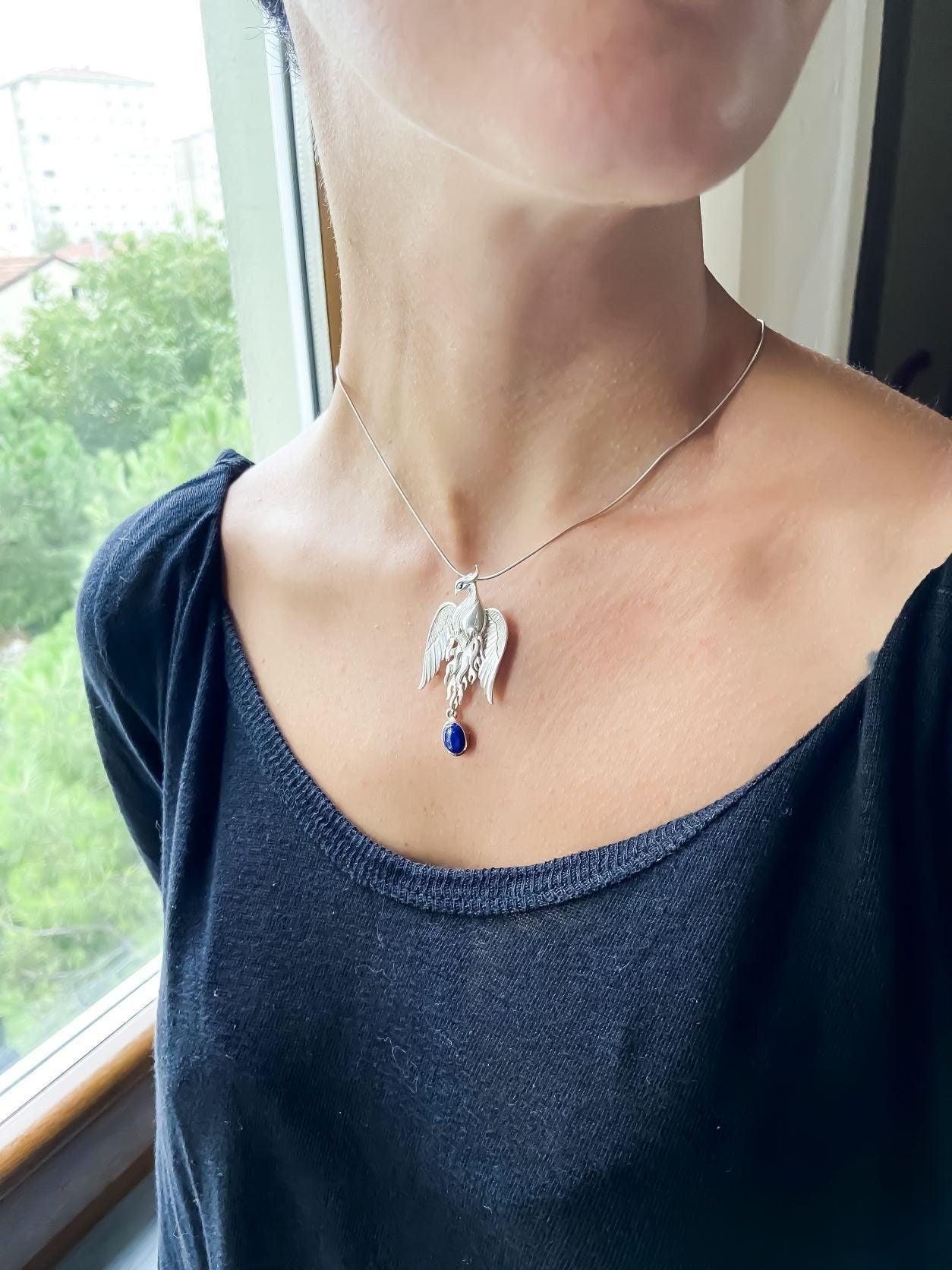Silver Lapis Lazuli Phoenix Strength Necklace, Sapphire Stone or Root Ruby Eyes Handmade Firebird Pendant, Custom Design Phoenix Necklace - Tracesilver