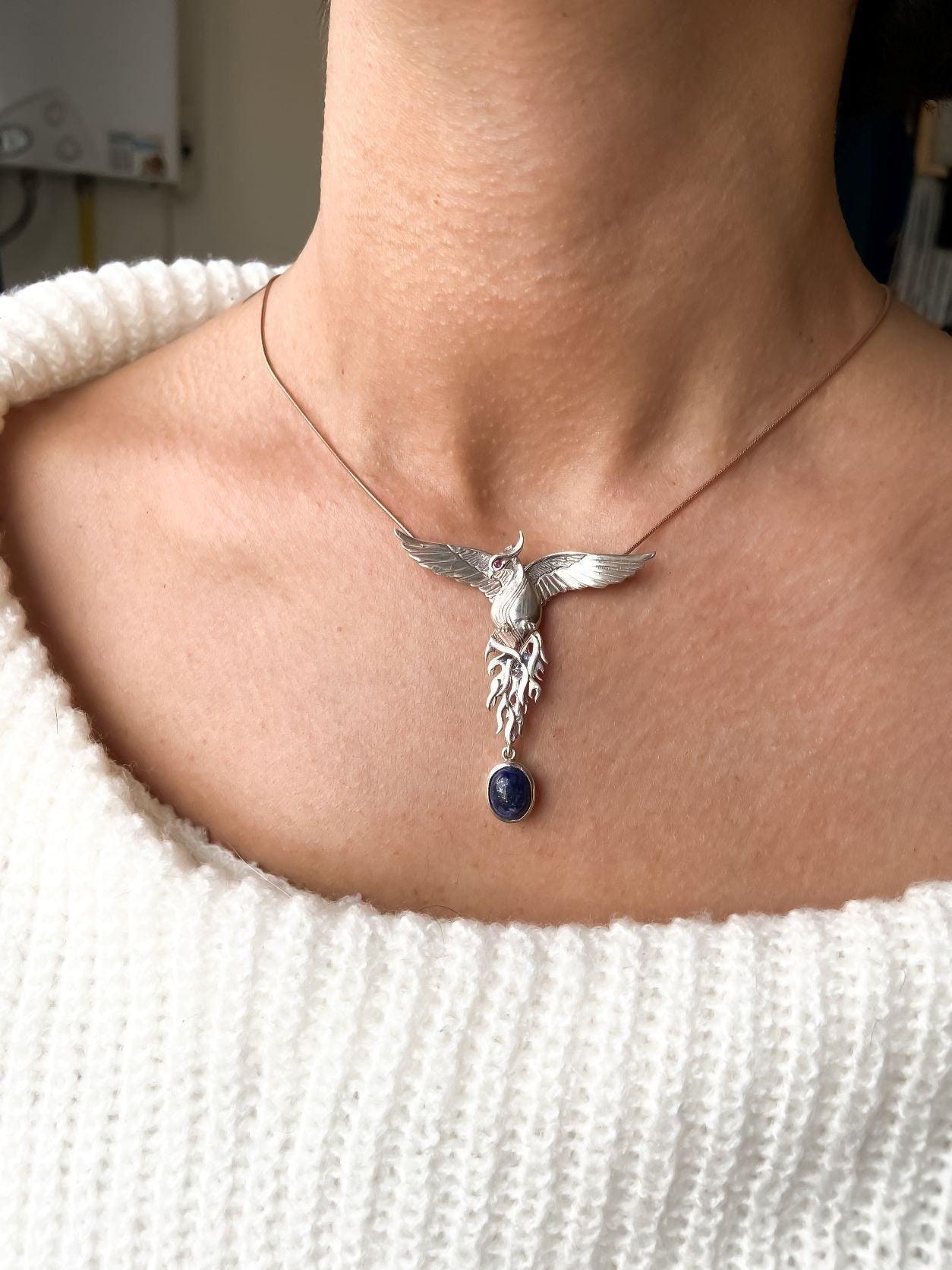 Silver Lapis Lazuli Phoenix Strength Necklace, Sapphire Stone or Root Ruby Eyes Handmade Firebird Pendant, Custom Design Phoenix Necklace - Tracesilver