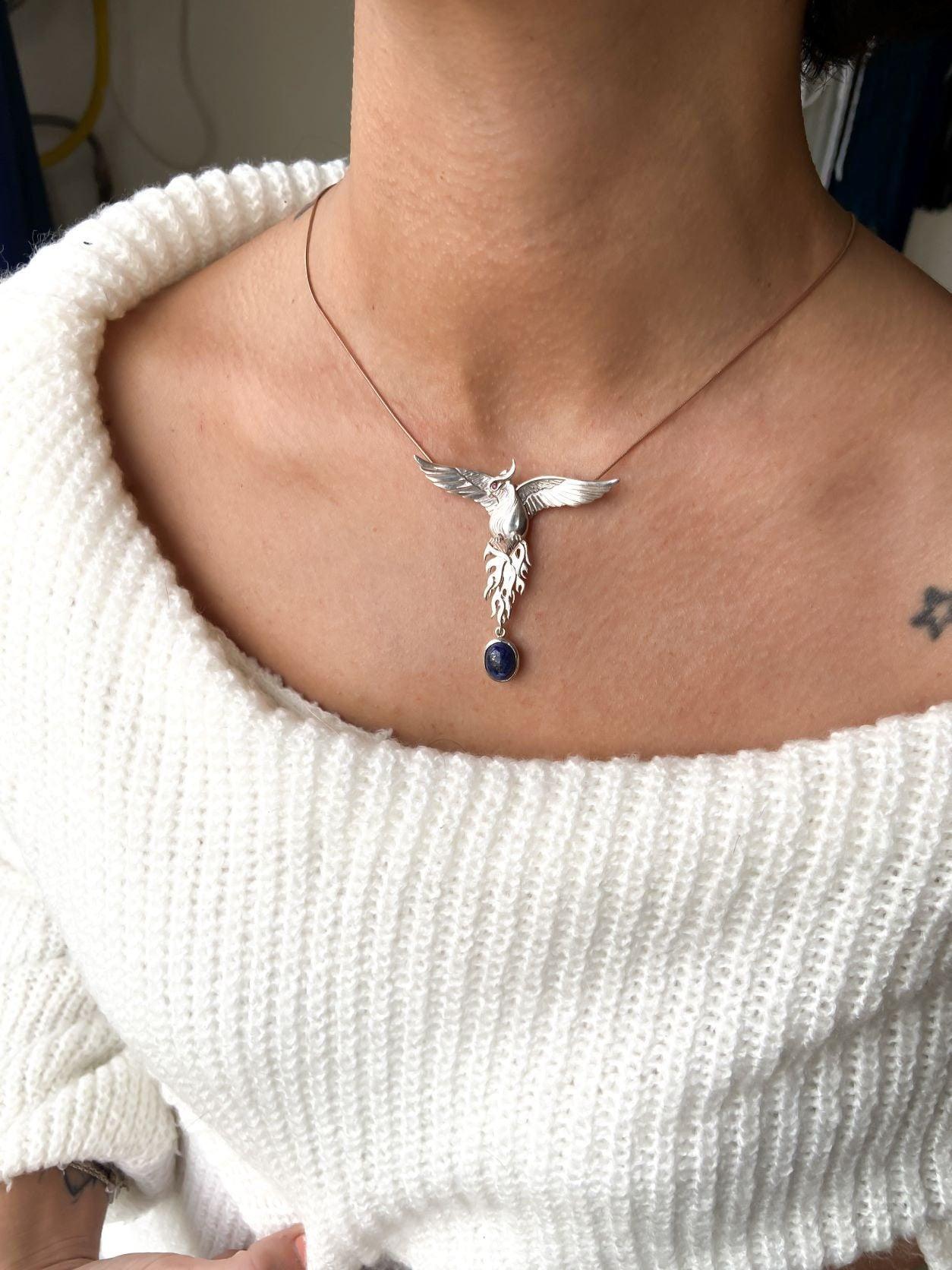Silver Lapis Lazuli Phoenix Strength Necklace, Sapphire Stone or Root Ruby Eyes Handmade Firebird Pendant, Custom Design Phoenix Necklace - Tracesilver