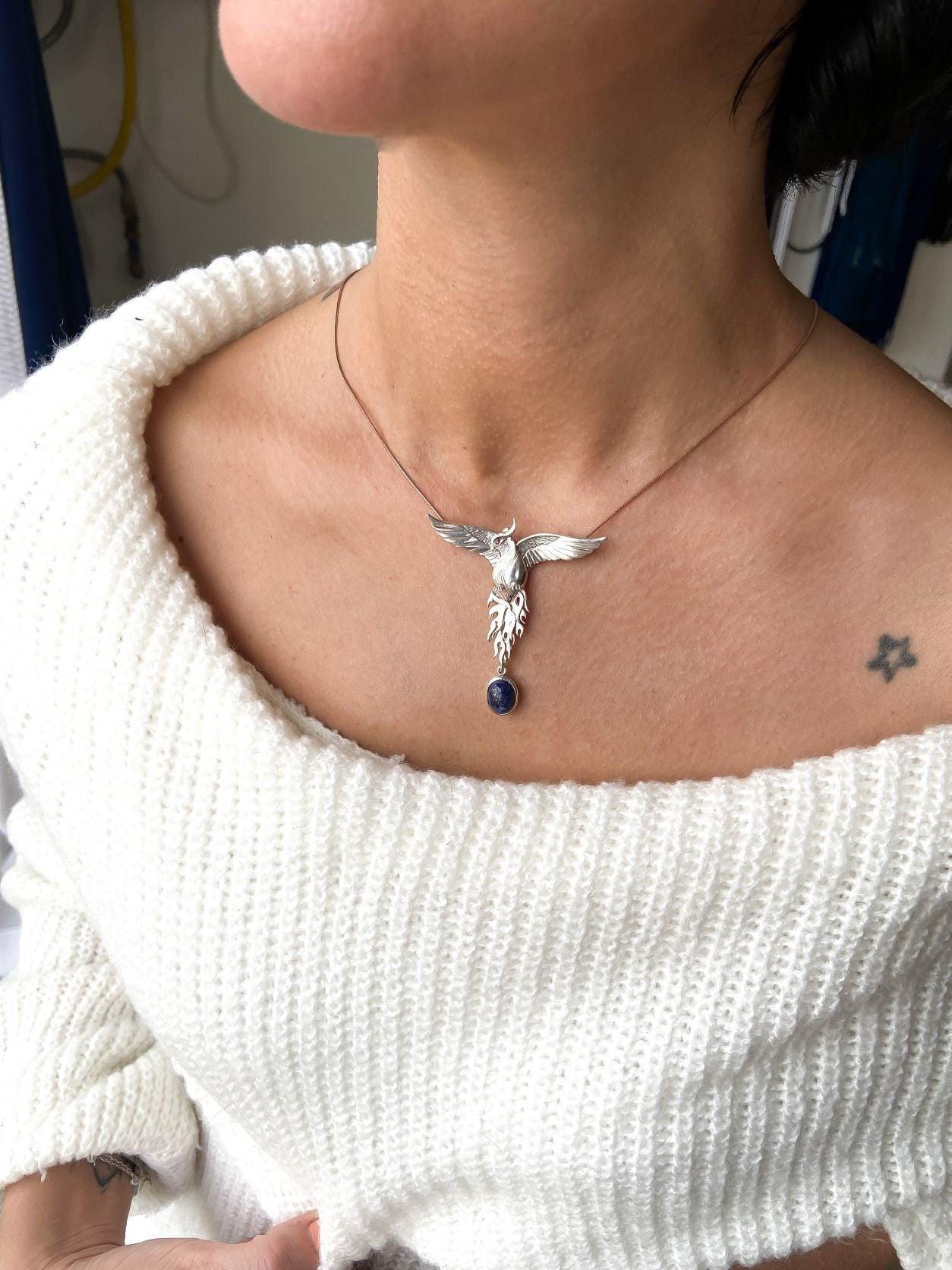 Silver Lapis Lazuli Phoenix Strength Necklace, Sapphire Stone or Root Ruby Eyes Handmade Firebird Pendant, Custom Design Phoenix Necklace - Tracesilver