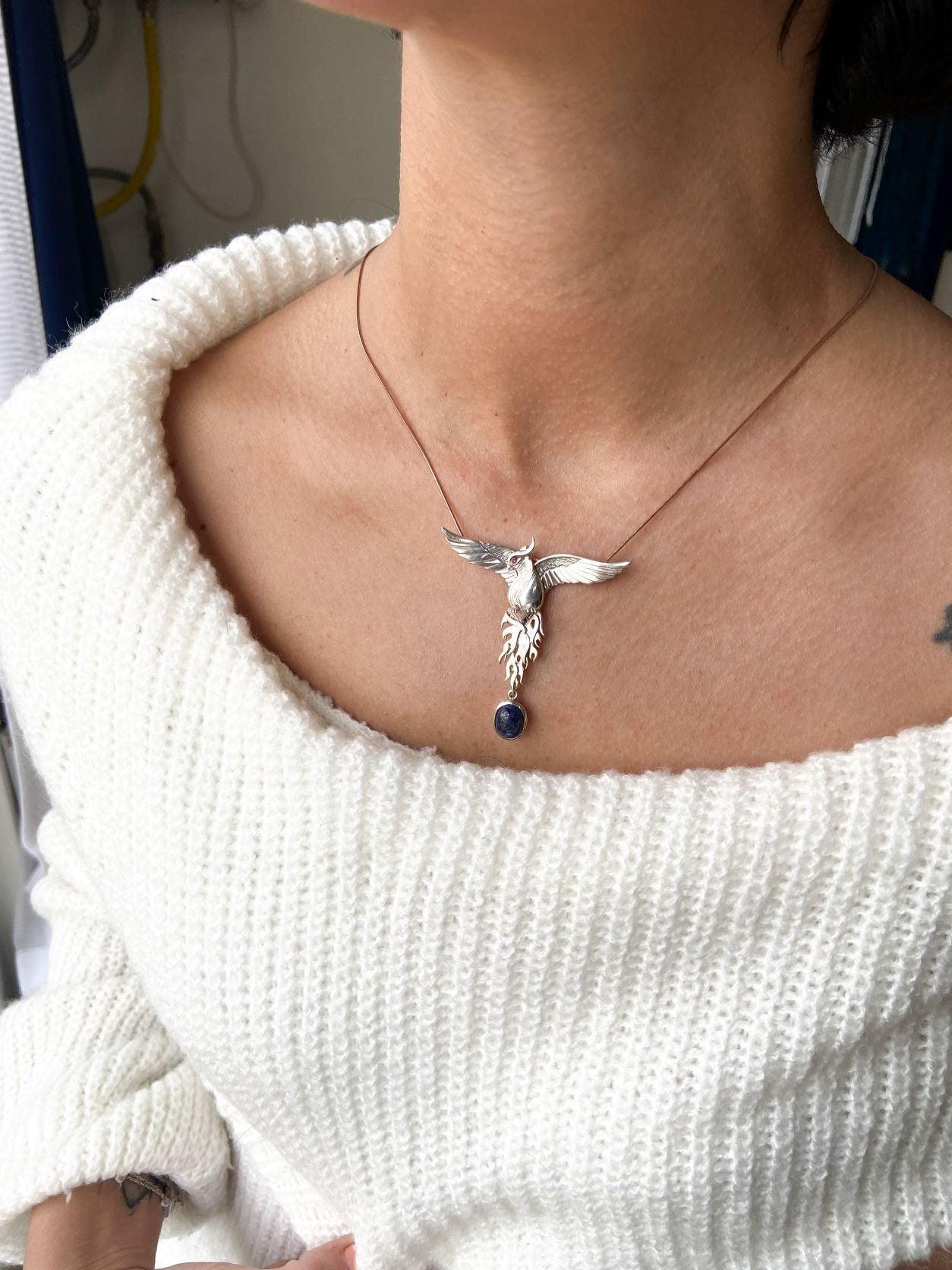 Silver Lapis Lazuli Phoenix Strength Necklace, Sapphire Stone or Root Ruby Eyes Handmade Firebird Pendant, Custom Design Phoenix Necklace - Tracesilver