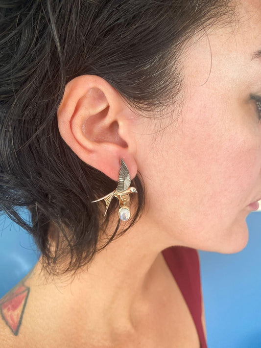 Silver Sparrow Moonstone Stud Earrings, 925 Sterling Silver Sparrow Jewelry Earrings, Use Two Ways Moonstone Earrings - Tracesilver