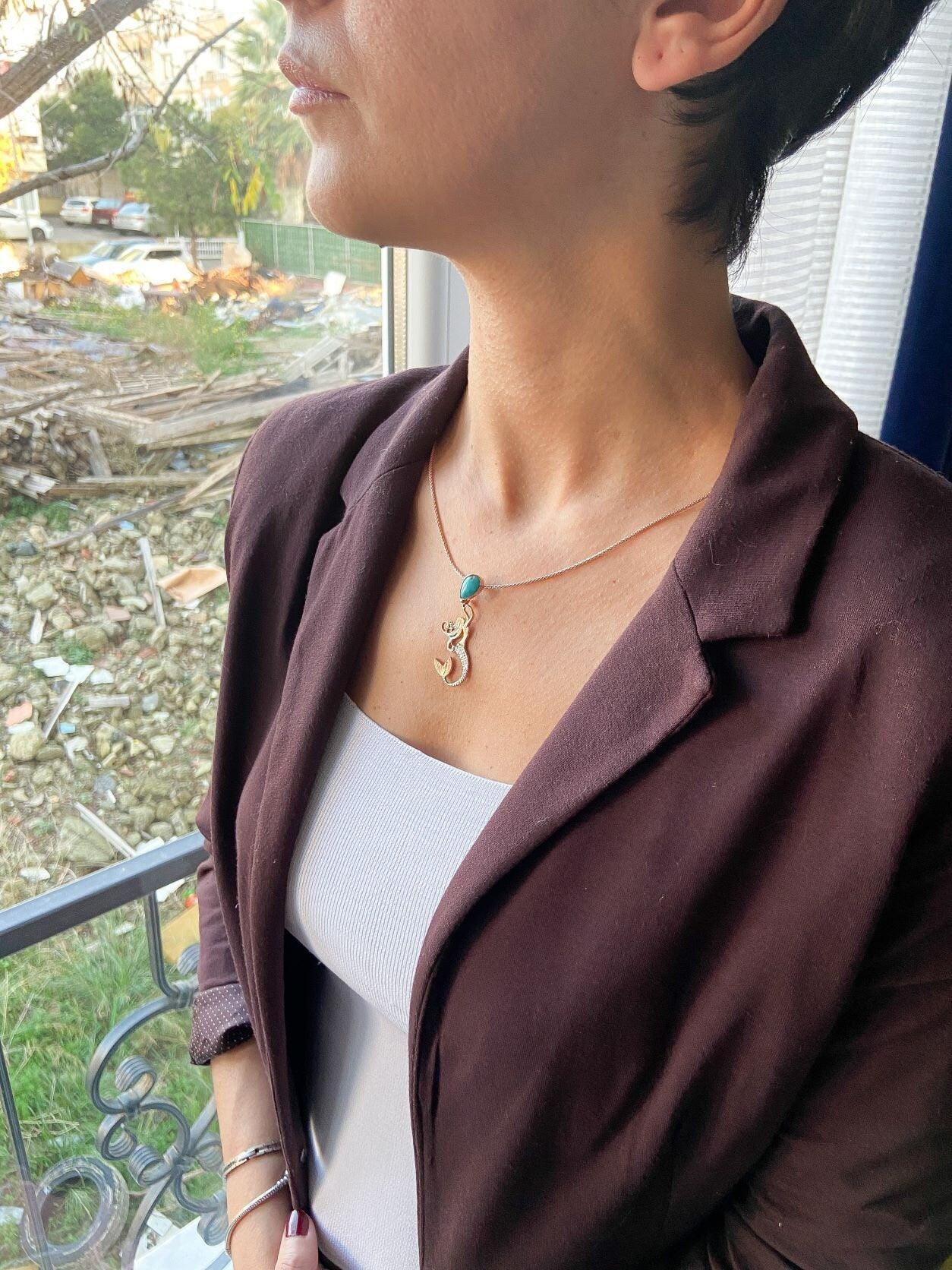 TURQUOISE Stone Mermaid Jewelry Natural Necklace For Women, Custom Design Handmade Mermaid Pendant - Tracesilver