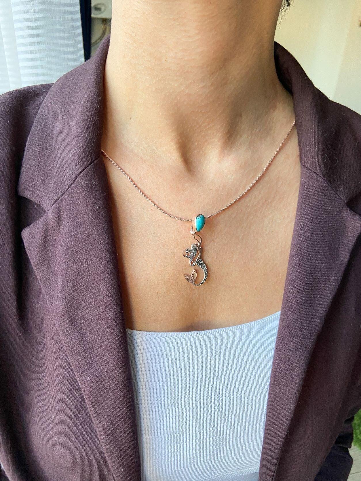 TURQUOISE Stone Mermaid Jewelry Natural Necklace For Women, Custom Design Handmade Mermaid Pendant - Tracesilver