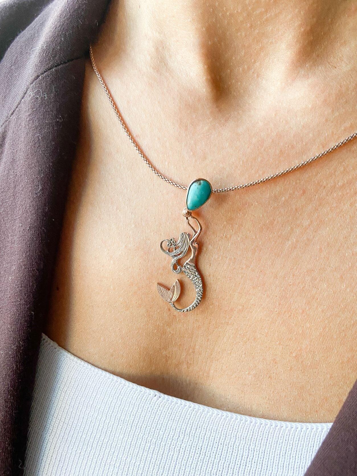 TURQUOISE Stone Mermaid Jewelry Natural Necklace For Women, Custom Design Handmade Mermaid Pendant - Tracesilver