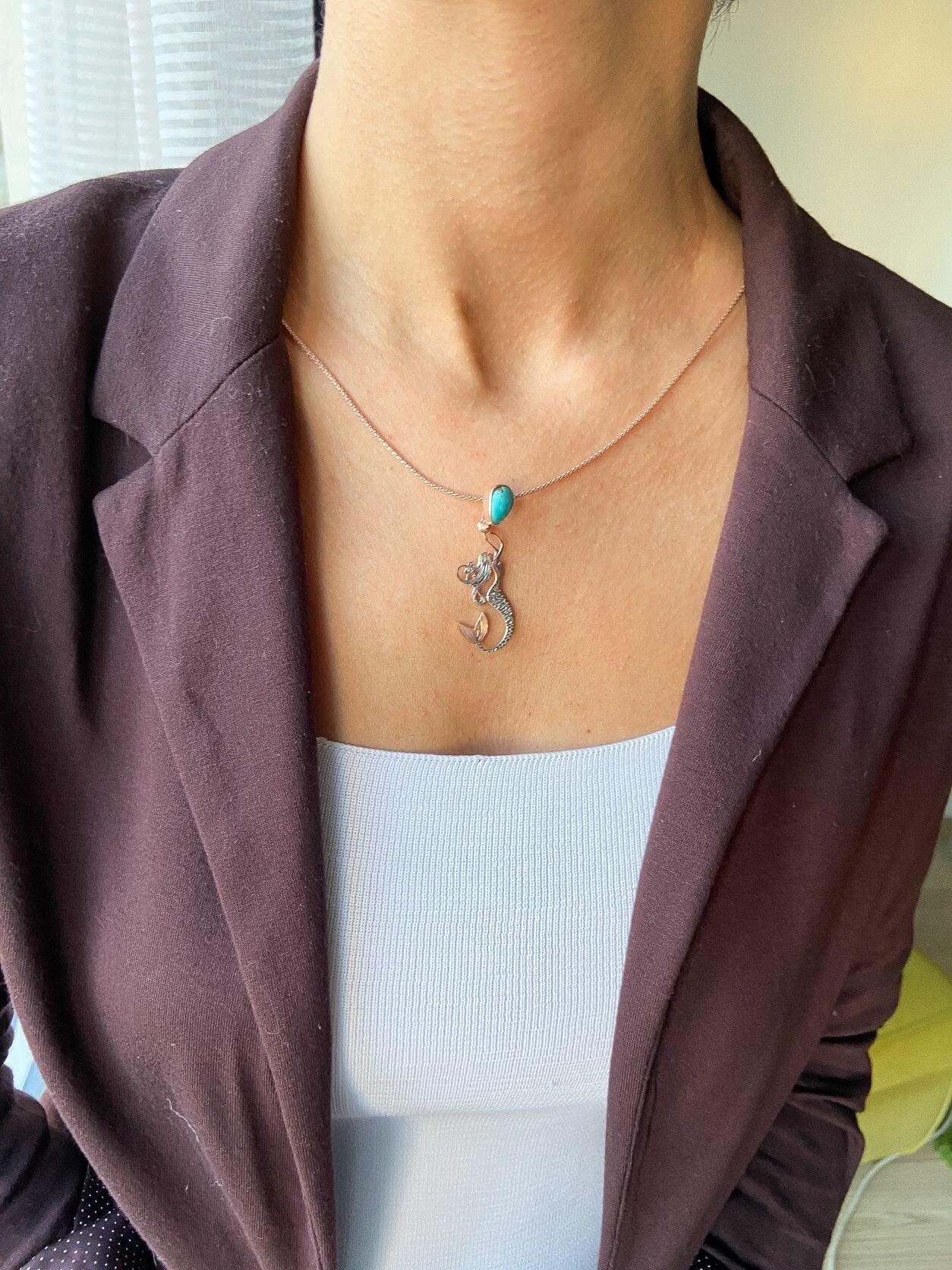 TURQUOISE Stone Mermaid Jewelry Natural Necklace For Women, Custom Design Handmade Mermaid Pendant - Tracesilver