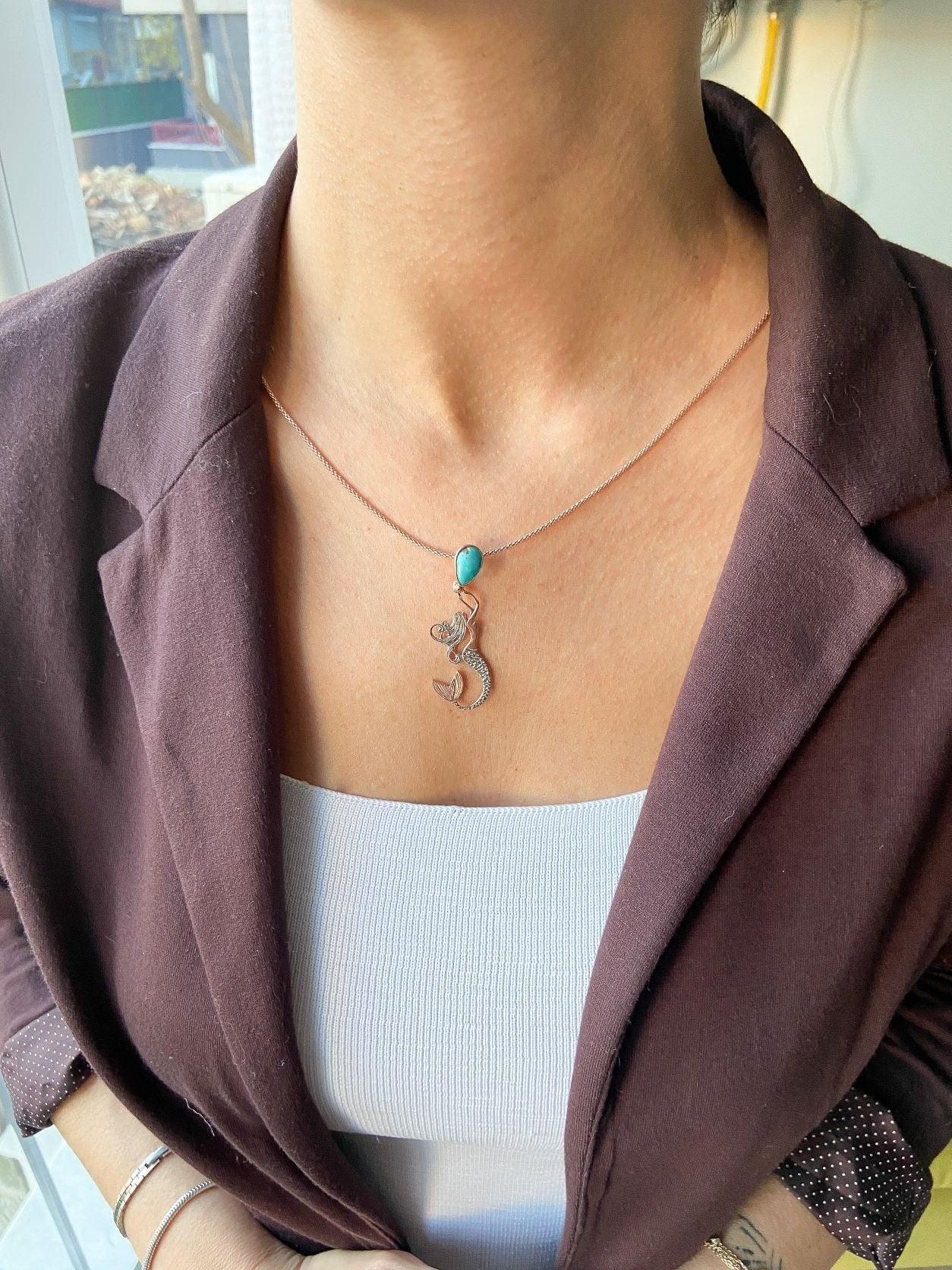 TURQUOISE Stone Mermaid Jewelry Natural Necklace For Women, Custom Design Handmade Mermaid Pendant - Tracesilver